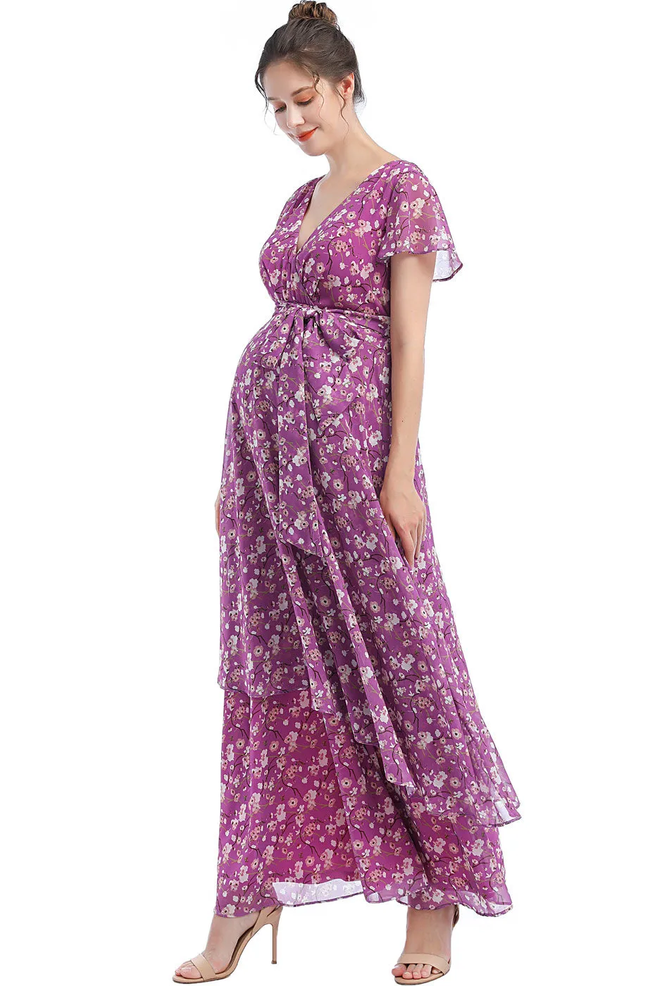 Kimi + Kai Maternity Jolene Faux Wrap Chiffon Maxi Dress