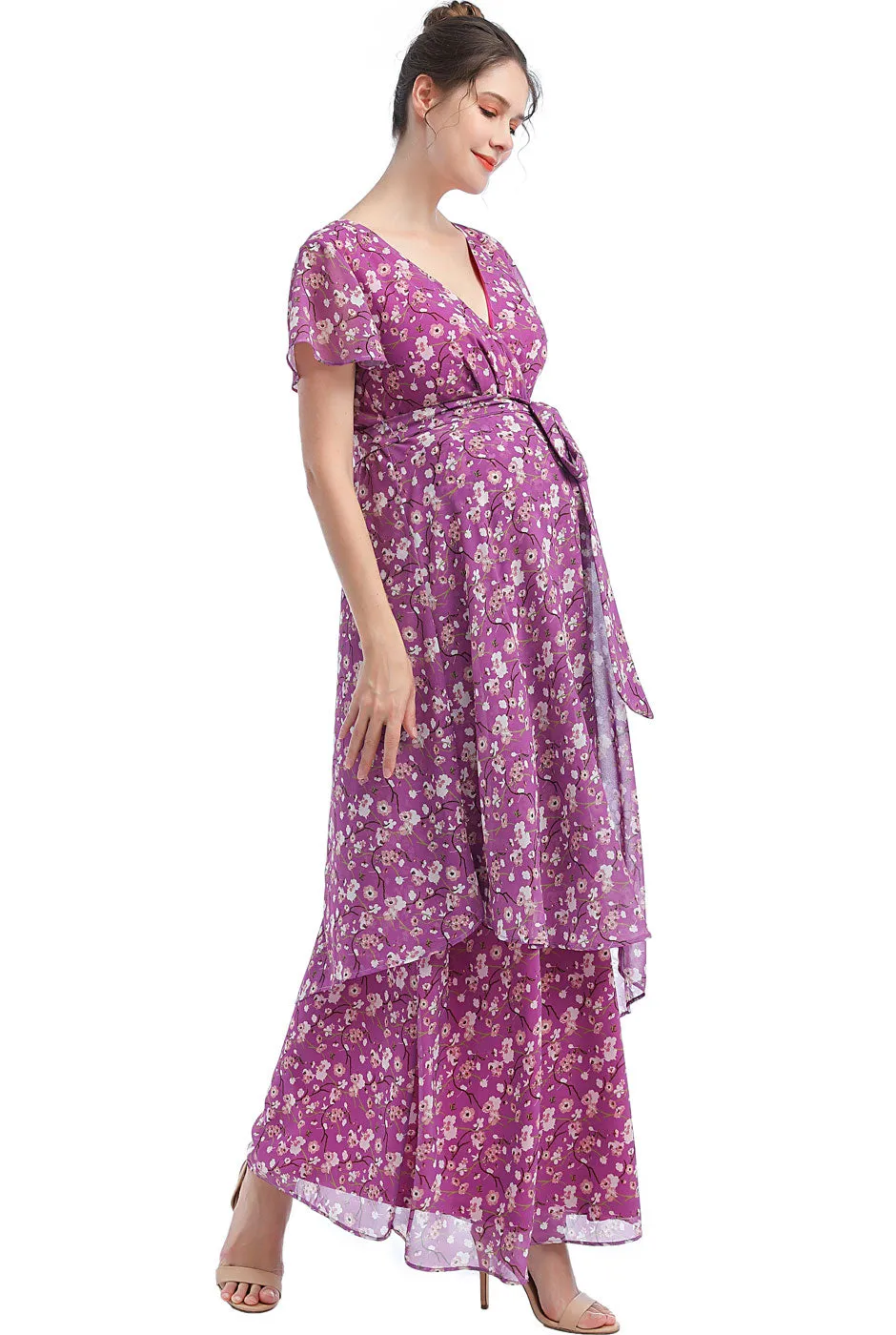 Kimi + Kai Maternity Jolene Faux Wrap Chiffon Maxi Dress