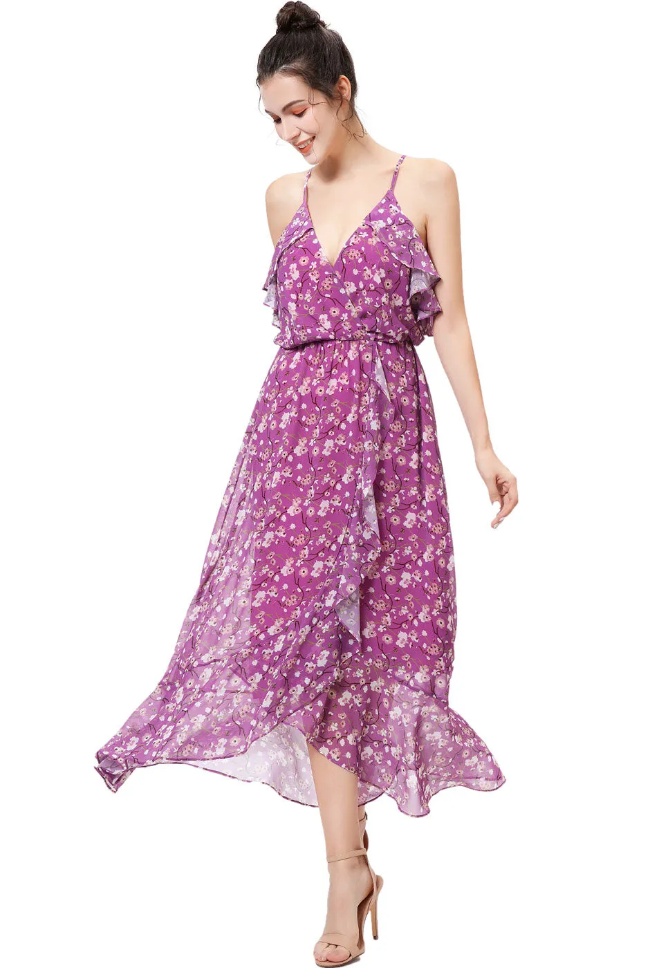 Kimi + Kai Women's Raeni Floral Print Chiffon Faux Wrap Dress