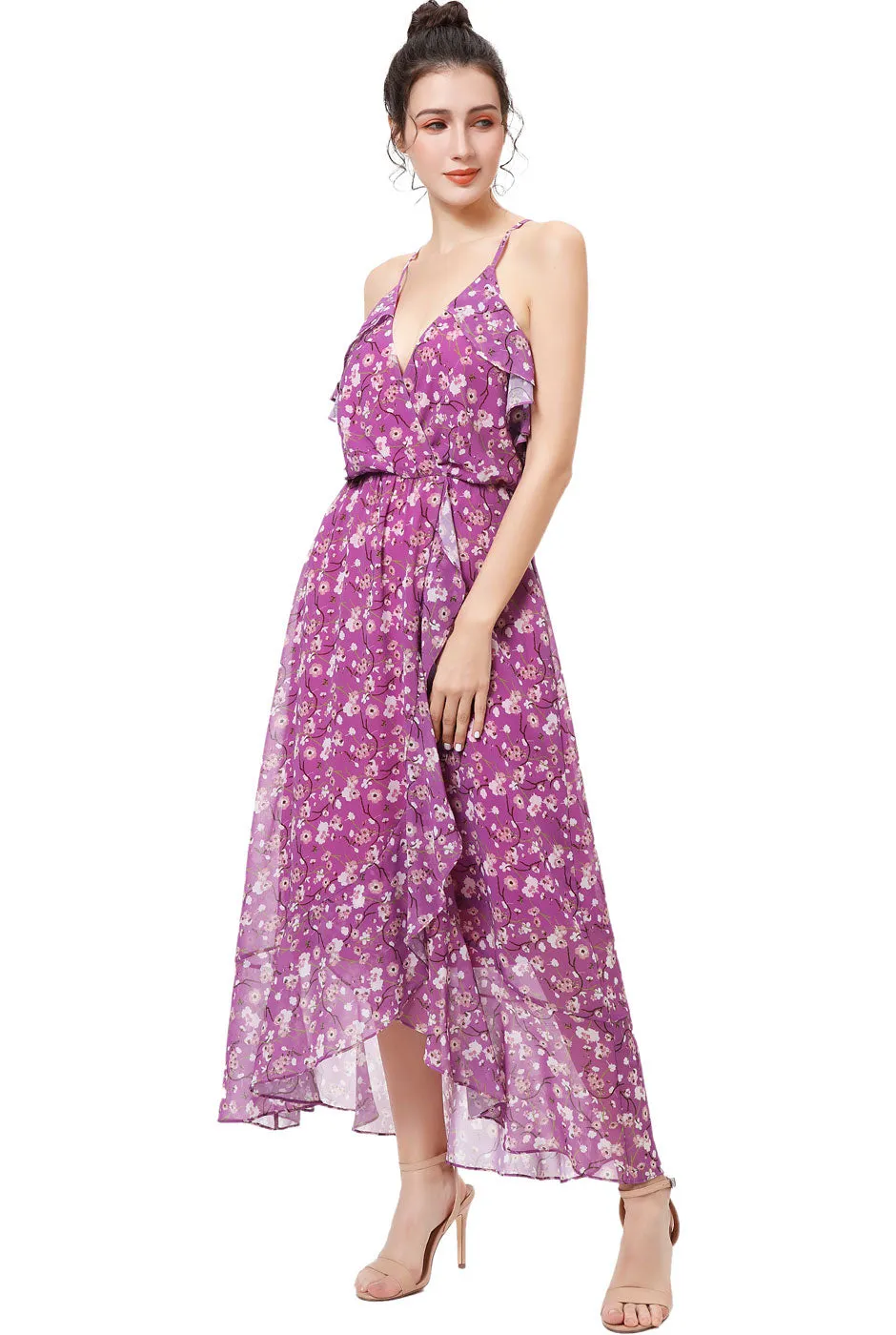 Kimi + Kai Women's Raeni Floral Print Chiffon Faux Wrap Dress