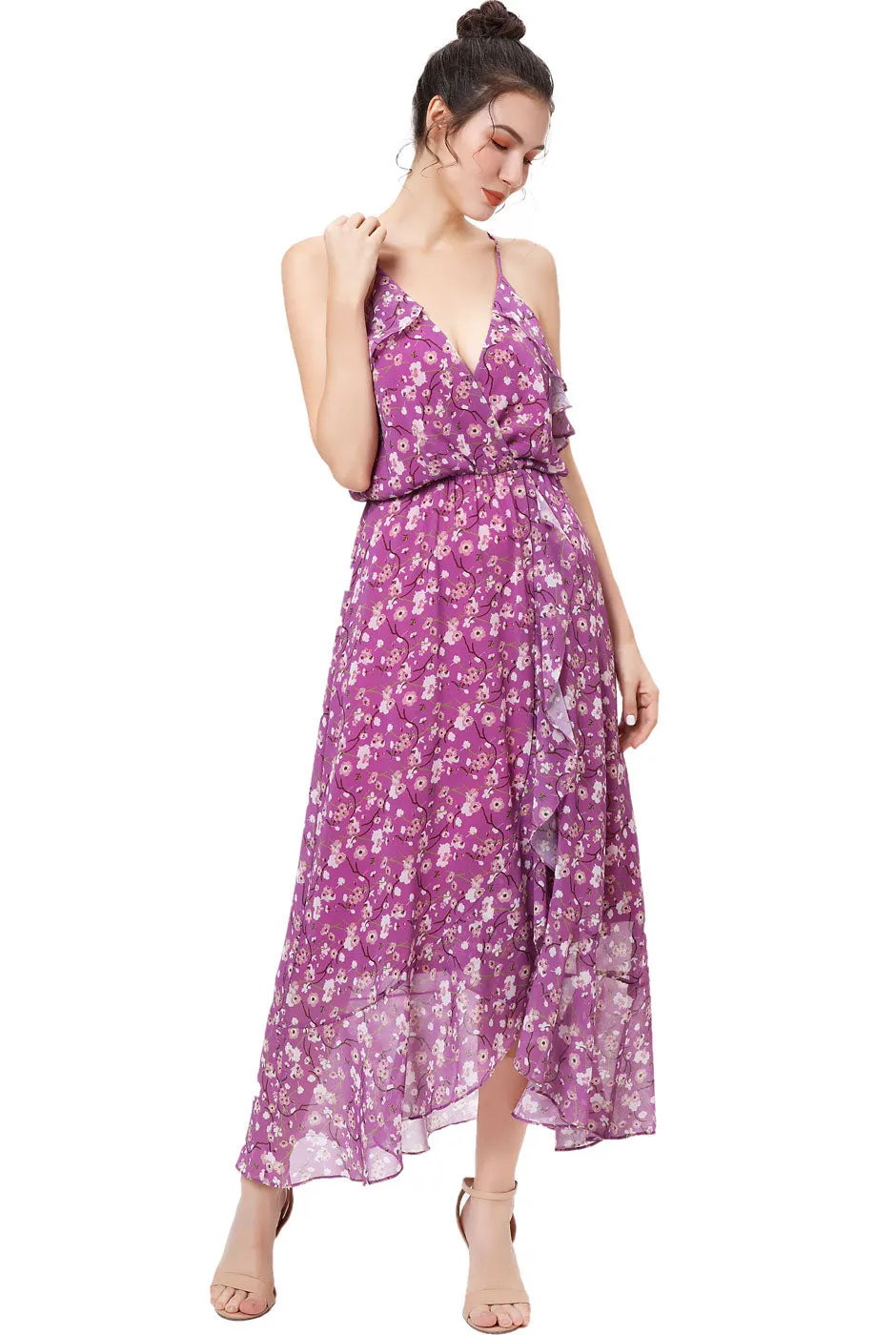 Kimi + Kai Women's Raeni Floral Print Chiffon Faux Wrap Dress