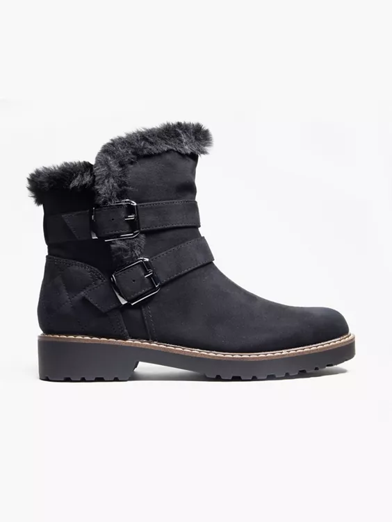 Landrover  Black Fur Lined Ankle Boot with Buckle Detail