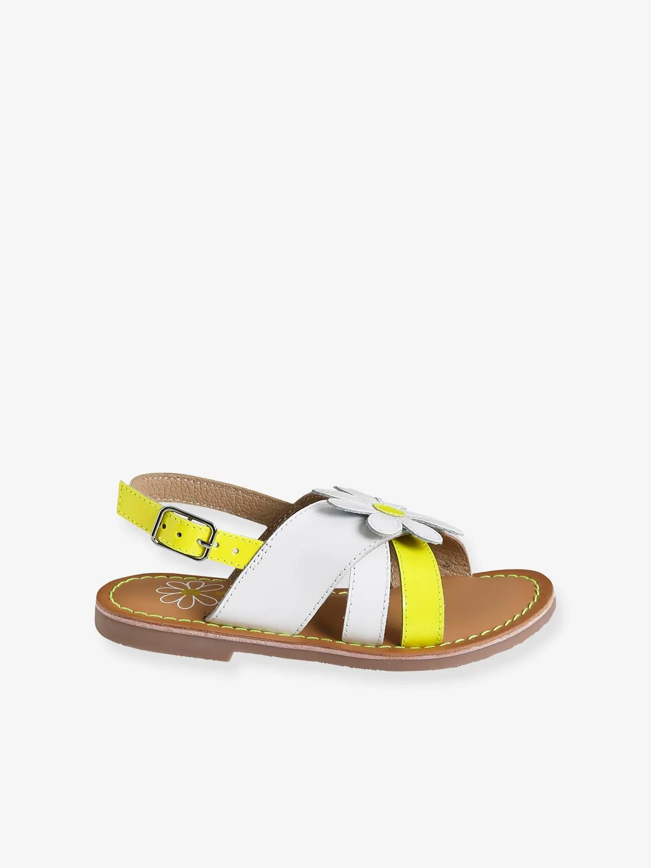 Leather & Fluorescent Leather Sandals for Girls - white