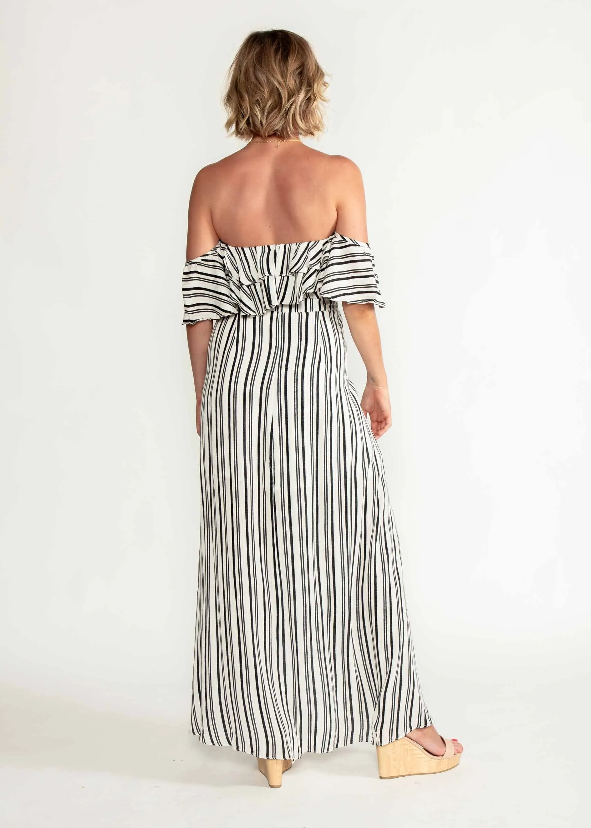 Low Tides Off Shoulder Maxi Wrap Dress - Navy Stripe