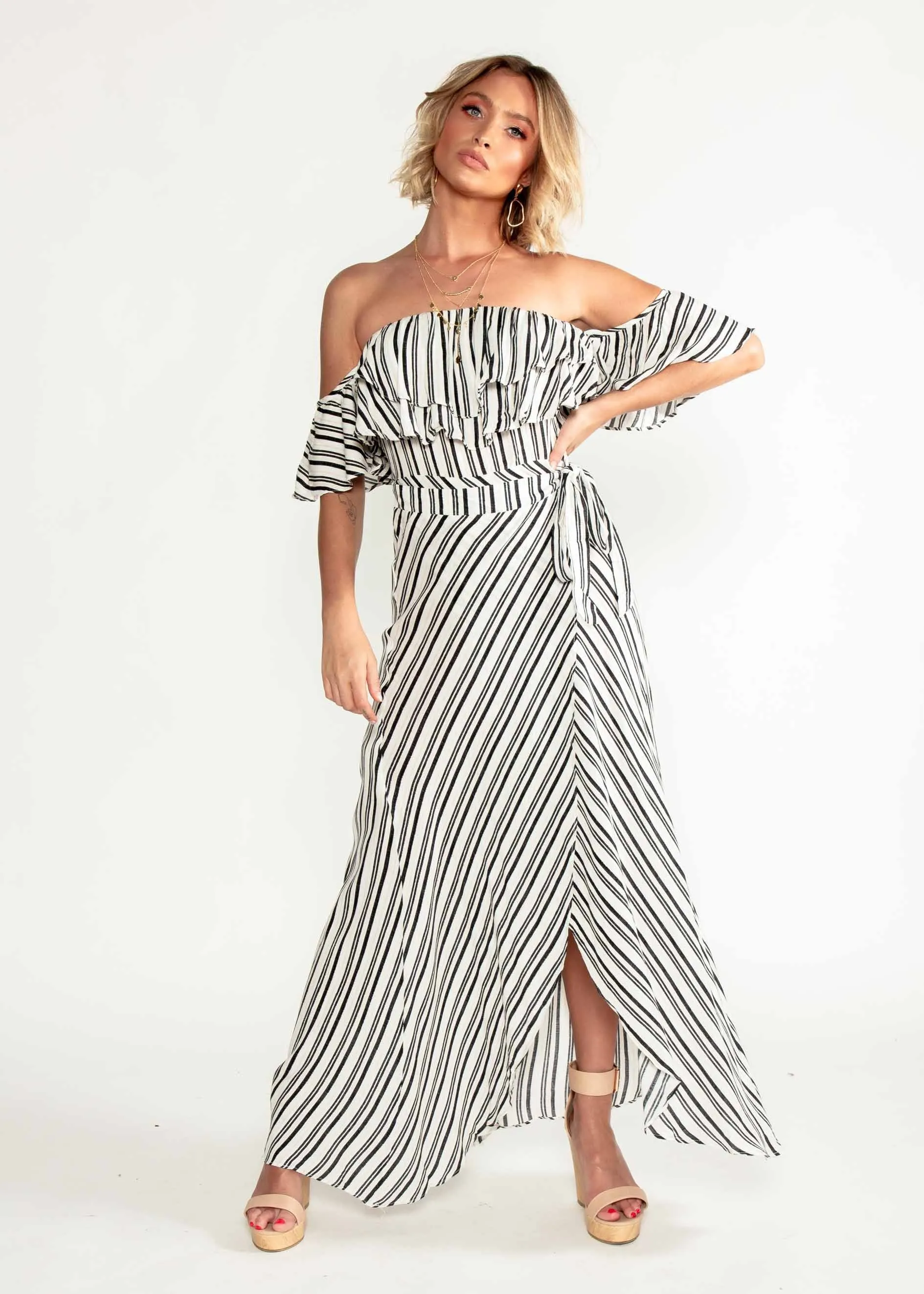 Low Tides Off Shoulder Maxi Wrap Dress - Navy Stripe