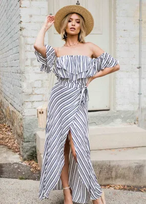 Low Tides Off Shoulder Maxi Wrap Dress - Navy Stripe