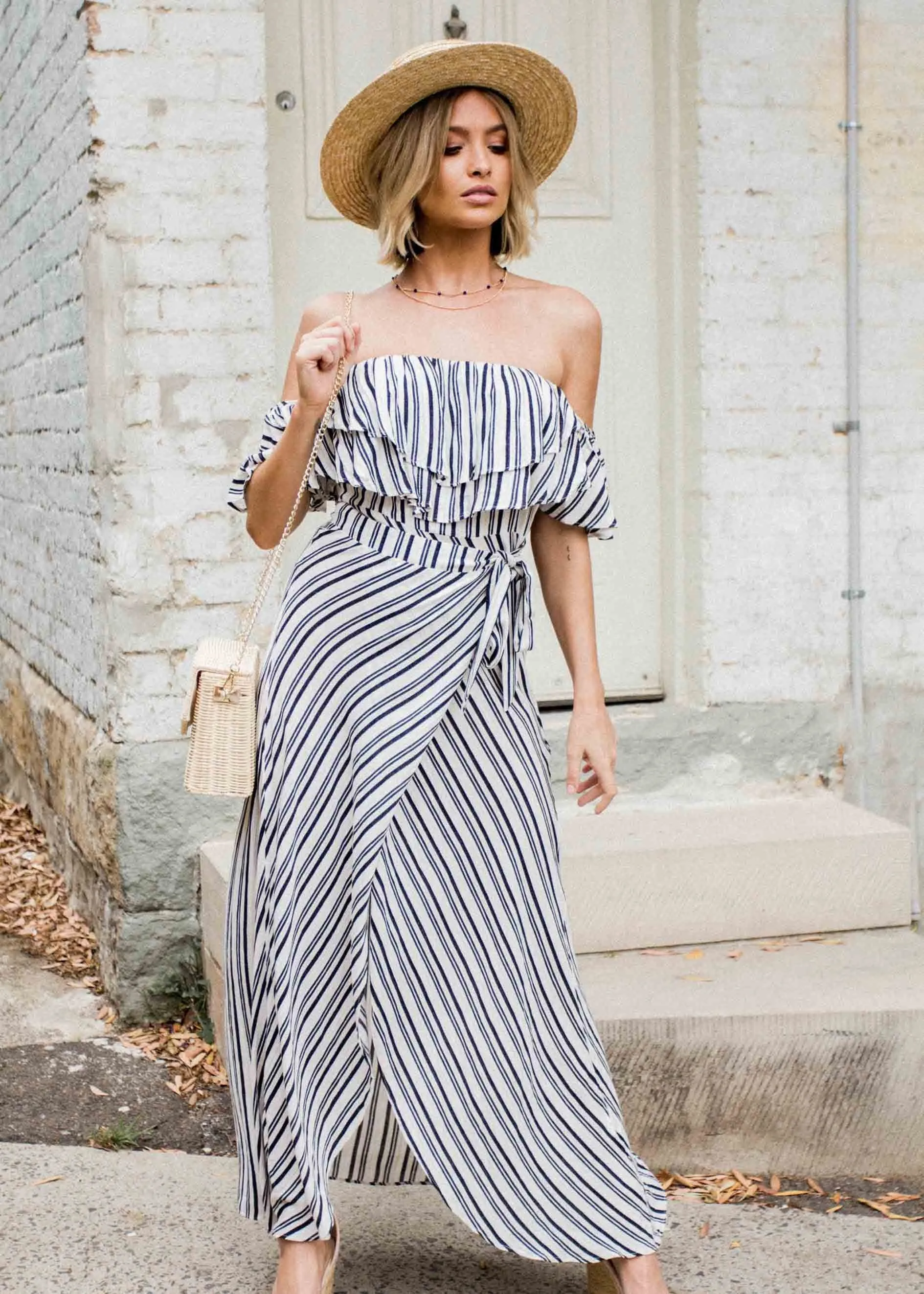 Low Tides Off Shoulder Maxi Wrap Dress - Navy Stripe