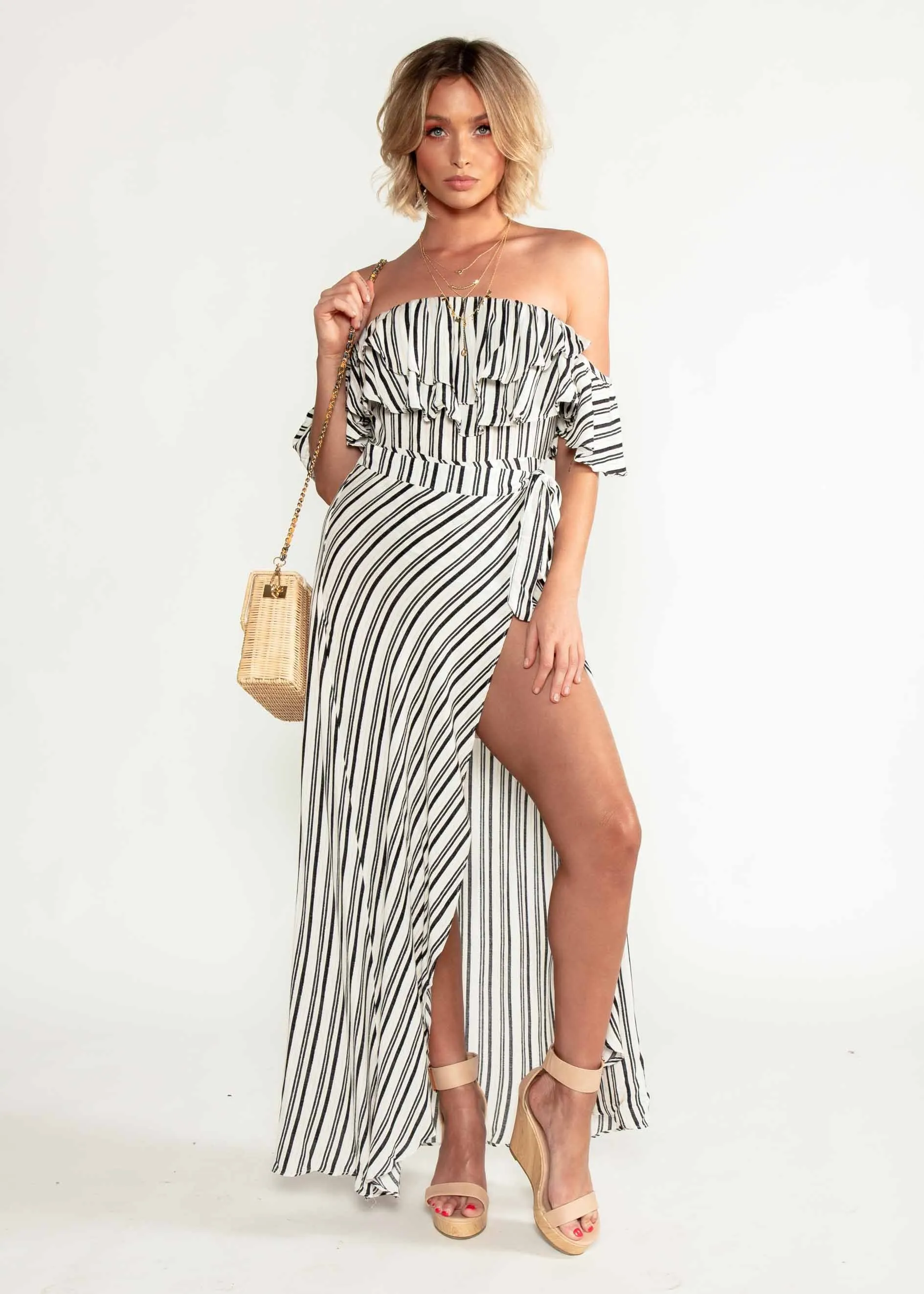 Low Tides Off Shoulder Maxi Wrap Dress - Navy Stripe