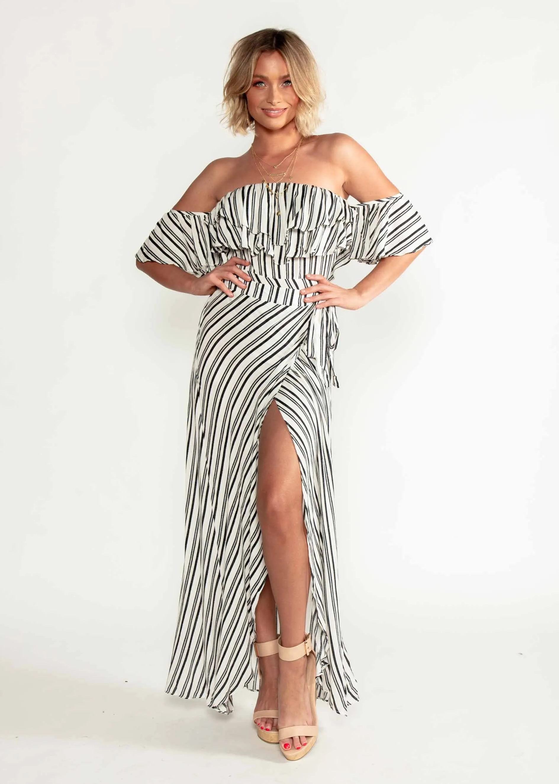 Low Tides Off Shoulder Maxi Wrap Dress - Navy Stripe