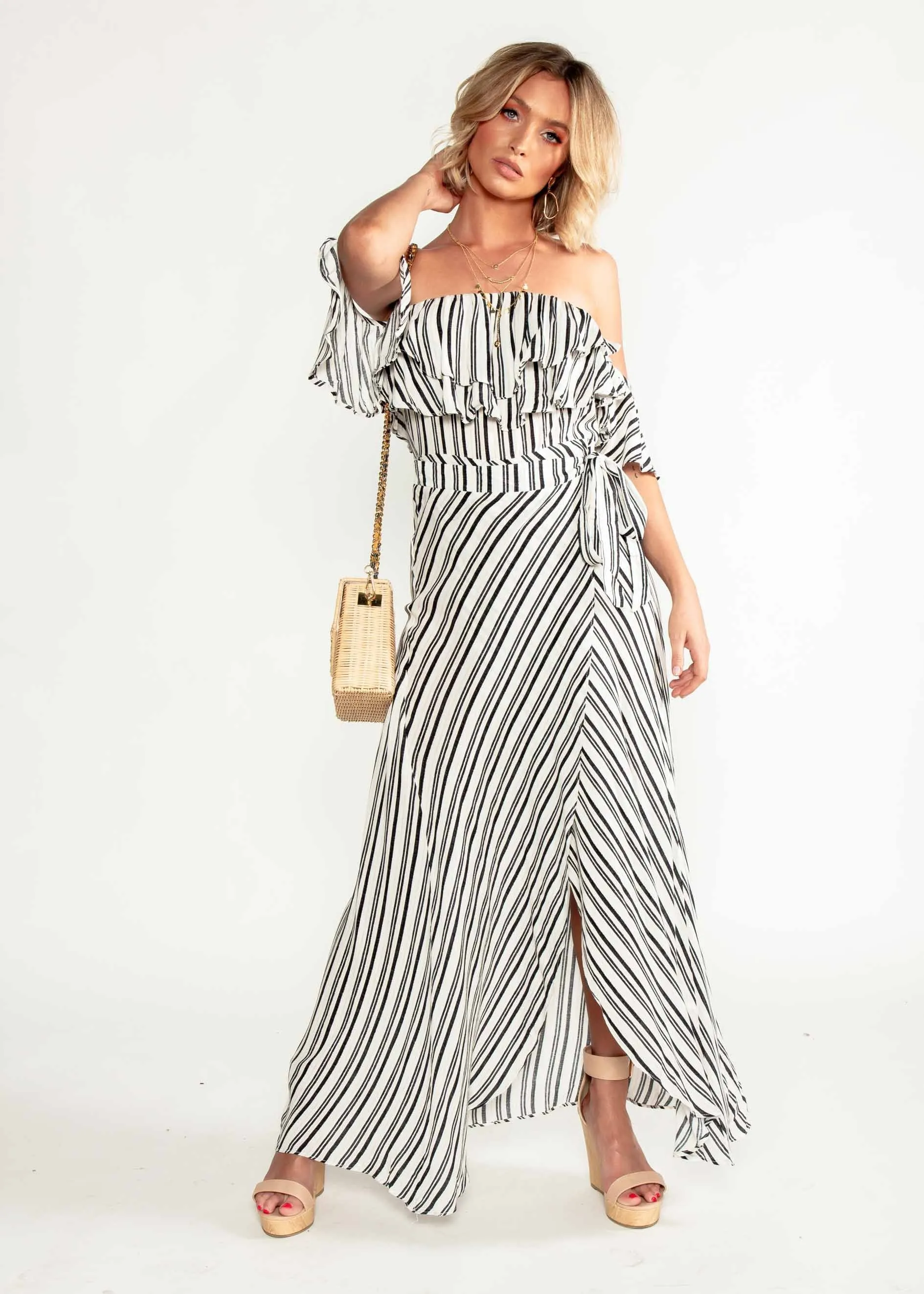 Low Tides Off Shoulder Maxi Wrap Dress - Navy Stripe