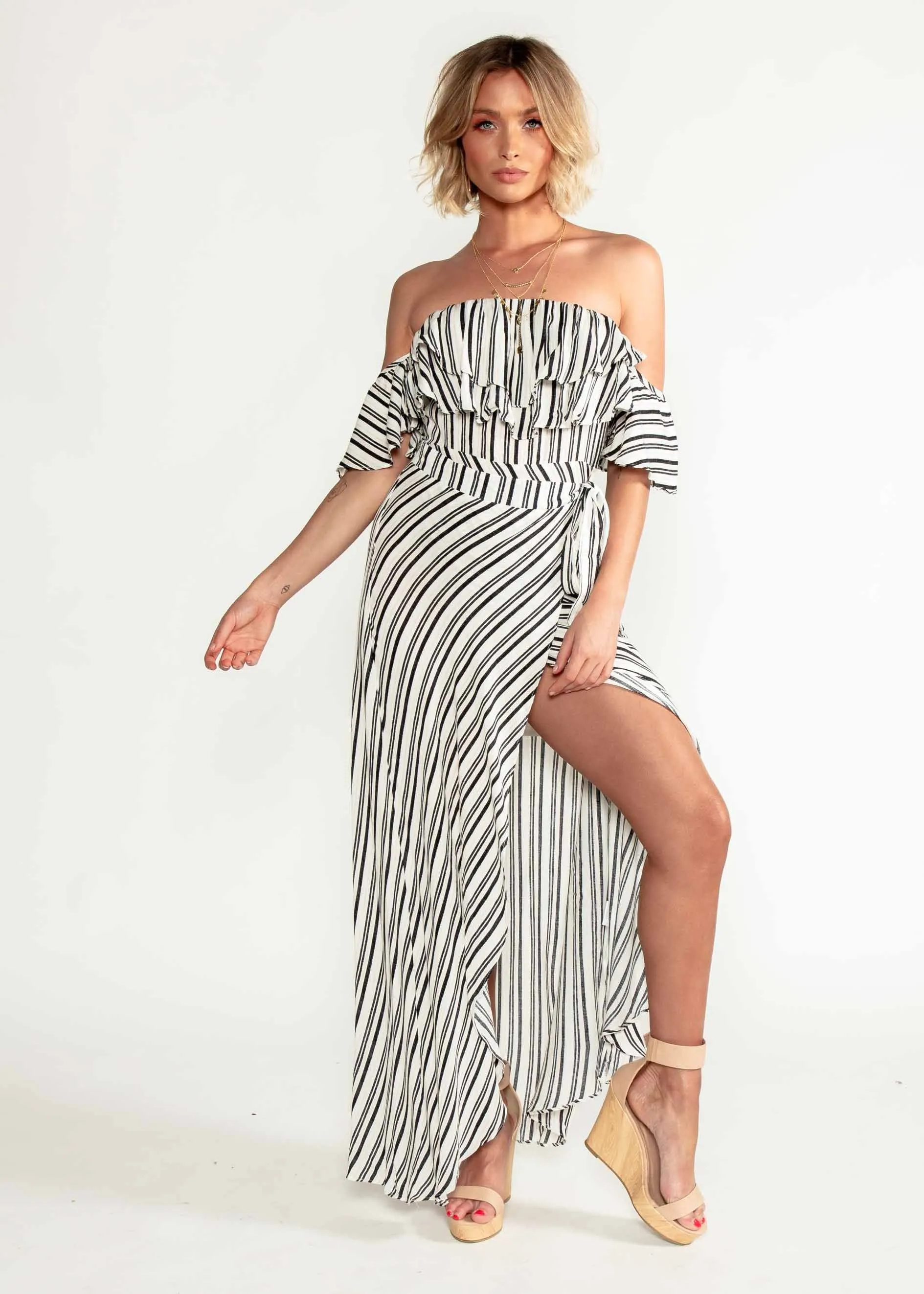 Low Tides Off Shoulder Maxi Wrap Dress - Navy Stripe