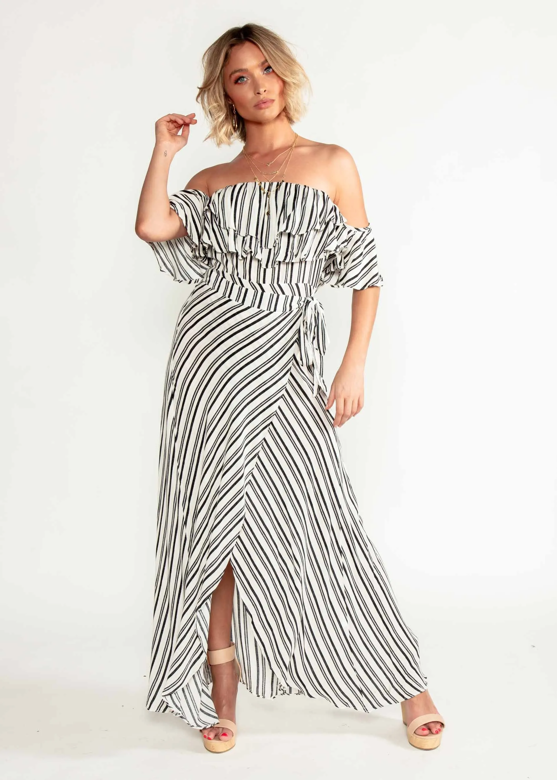 Low Tides Off Shoulder Maxi Wrap Dress - Navy Stripe