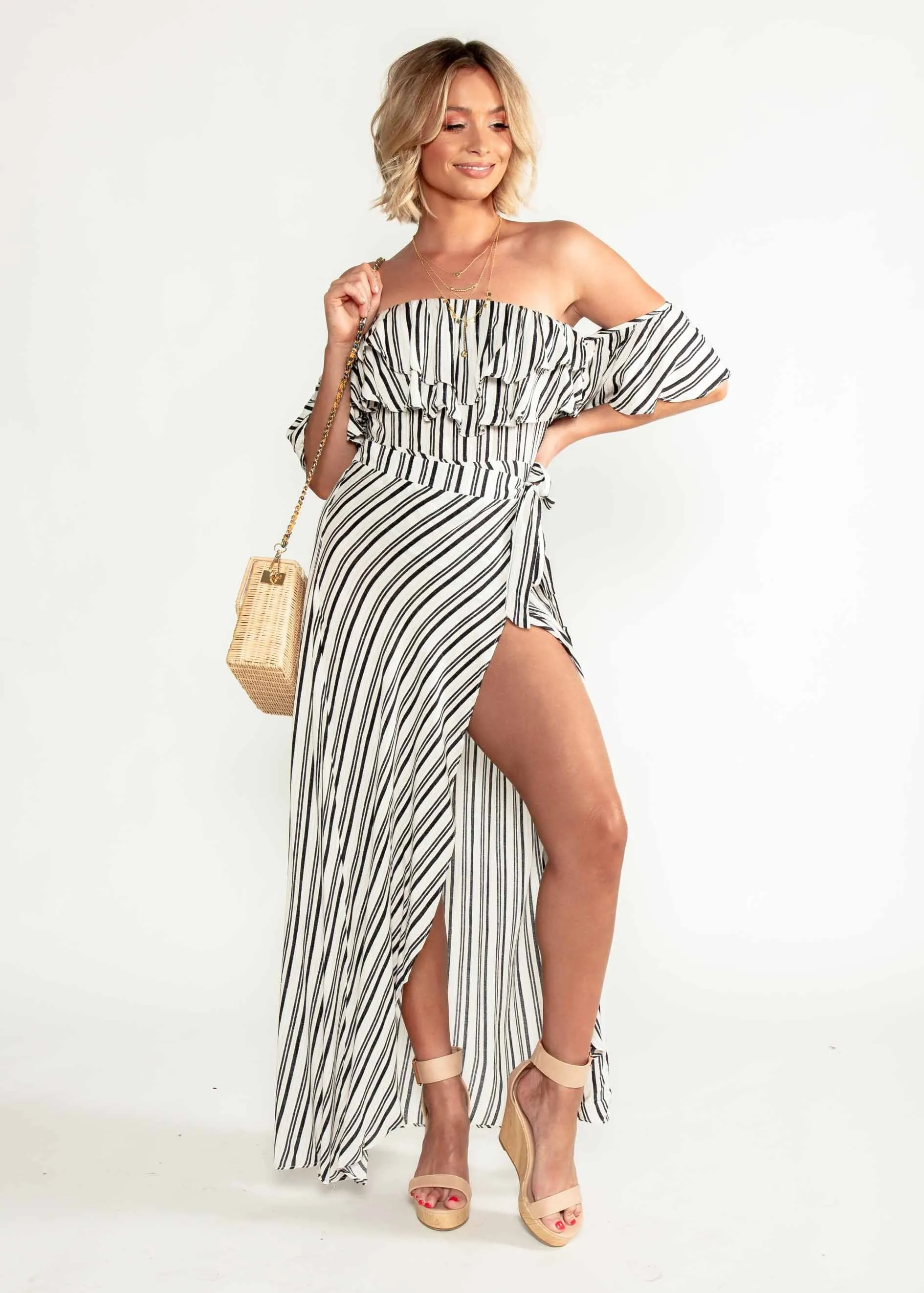 Low Tides Off Shoulder Maxi Wrap Dress - Navy Stripe