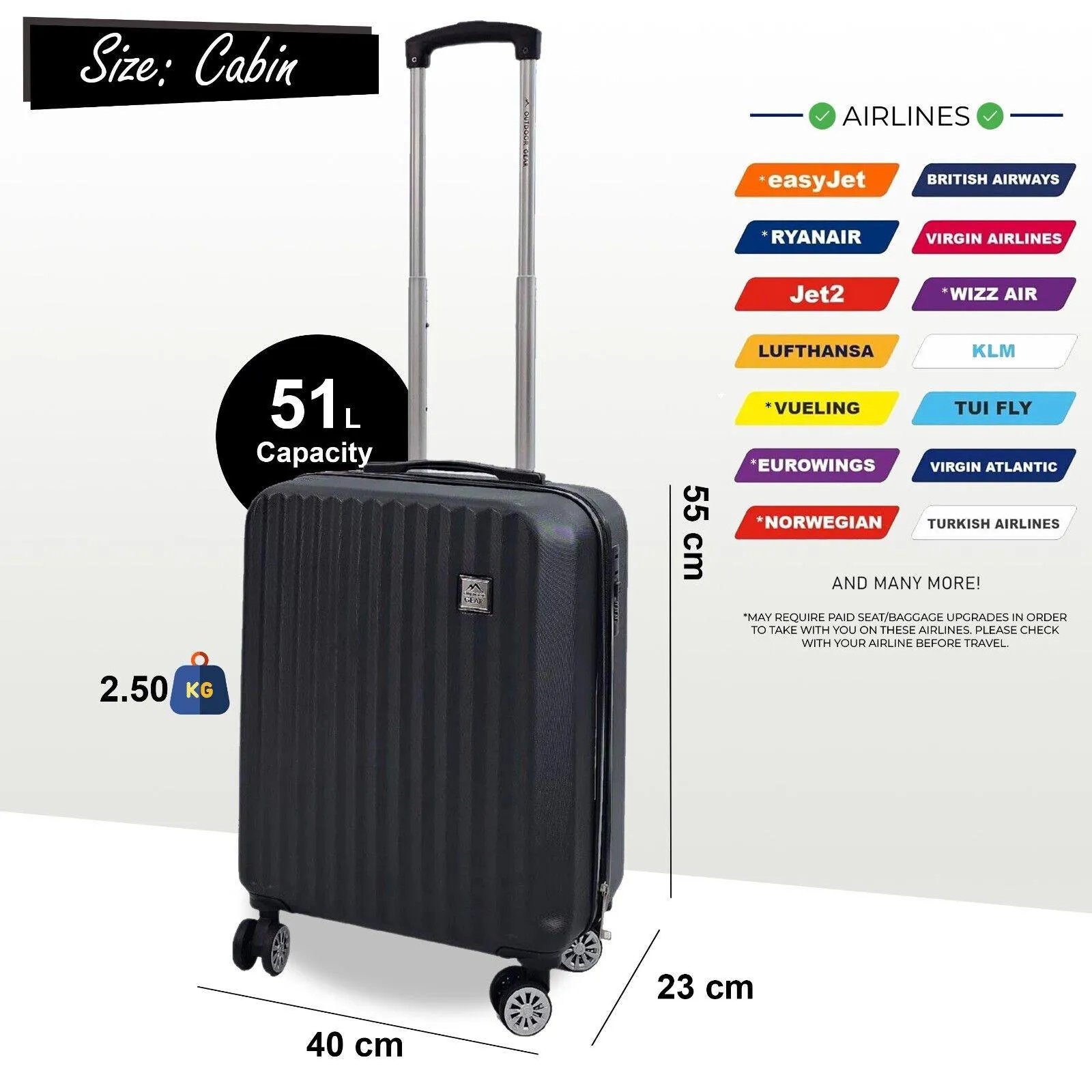 Luggage | Cabin Suitcase 55 x 40 x 23 cm Lightweight Hard Shell Luggage Suitable for Easyjet, Ryaniar, Jet 2 Paid Carry on | Inf