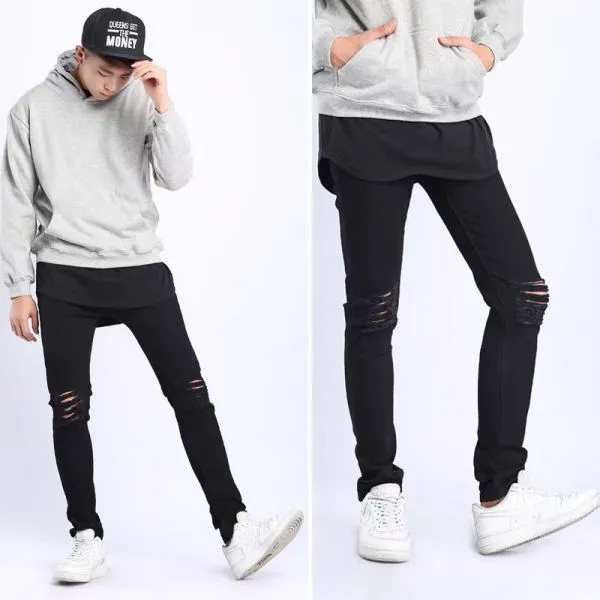 Men's slim skinny jeans with knee rips in black