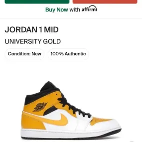 Nike air jordan 1 mid university gold 2021 554724-170