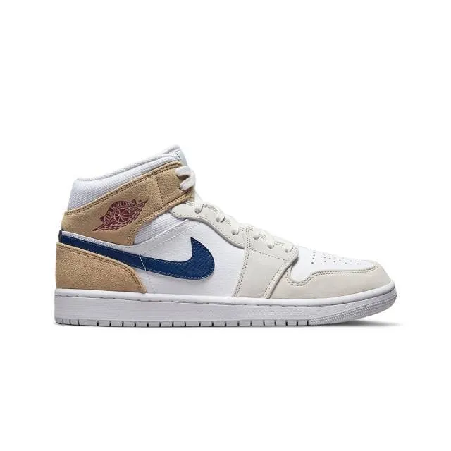 Nike air jordan 1 mid (white/ team red/ khaki/ blue void/ mid tan