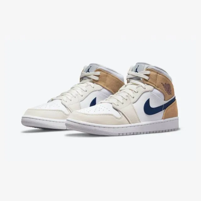 Nike air jordan 1 mid (white/ team red/ khaki/ blue void/ mid tan