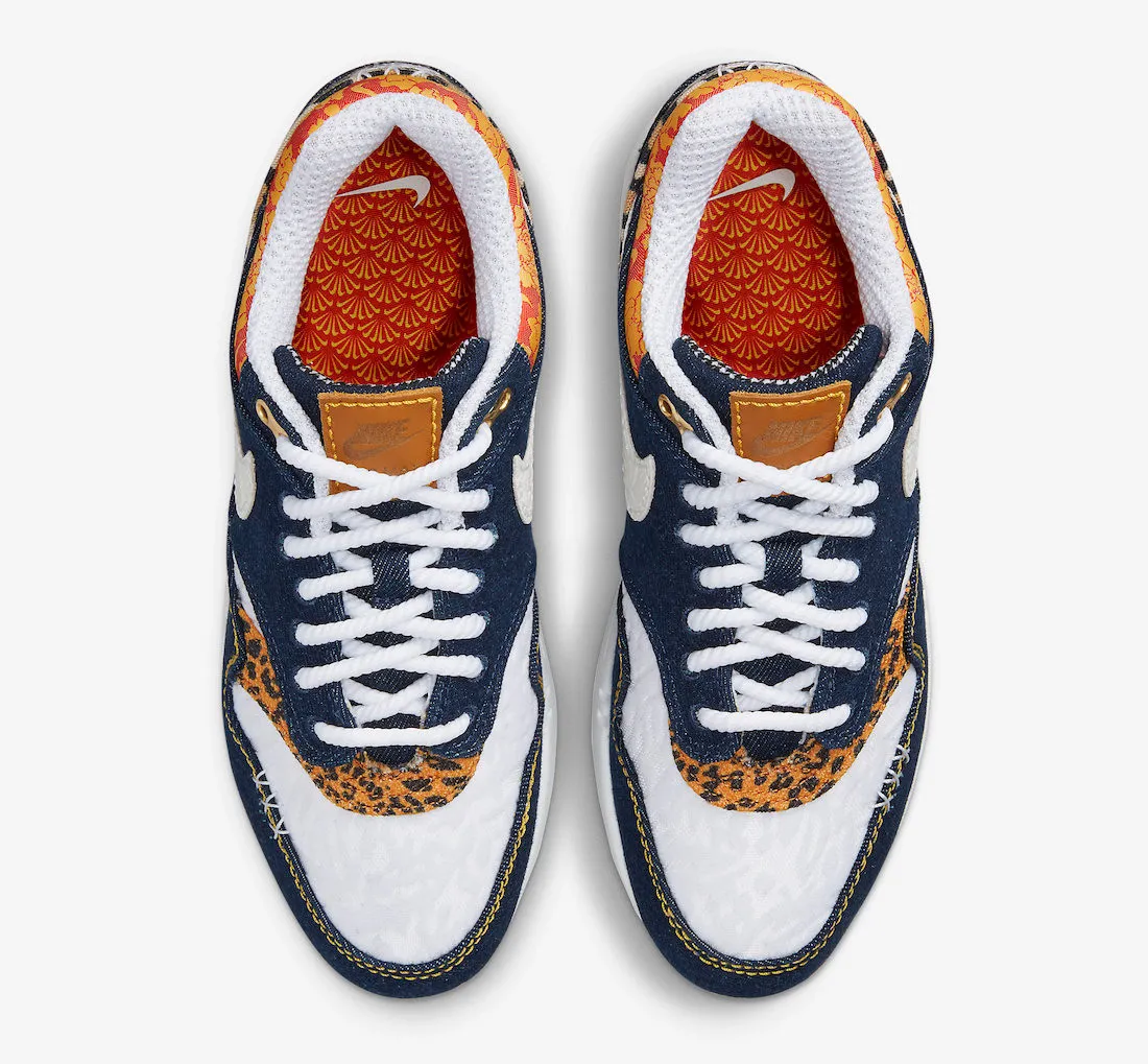 Nike Air Max 1 Premium Denim Leopard University Gold Picante Red FJ4452-432