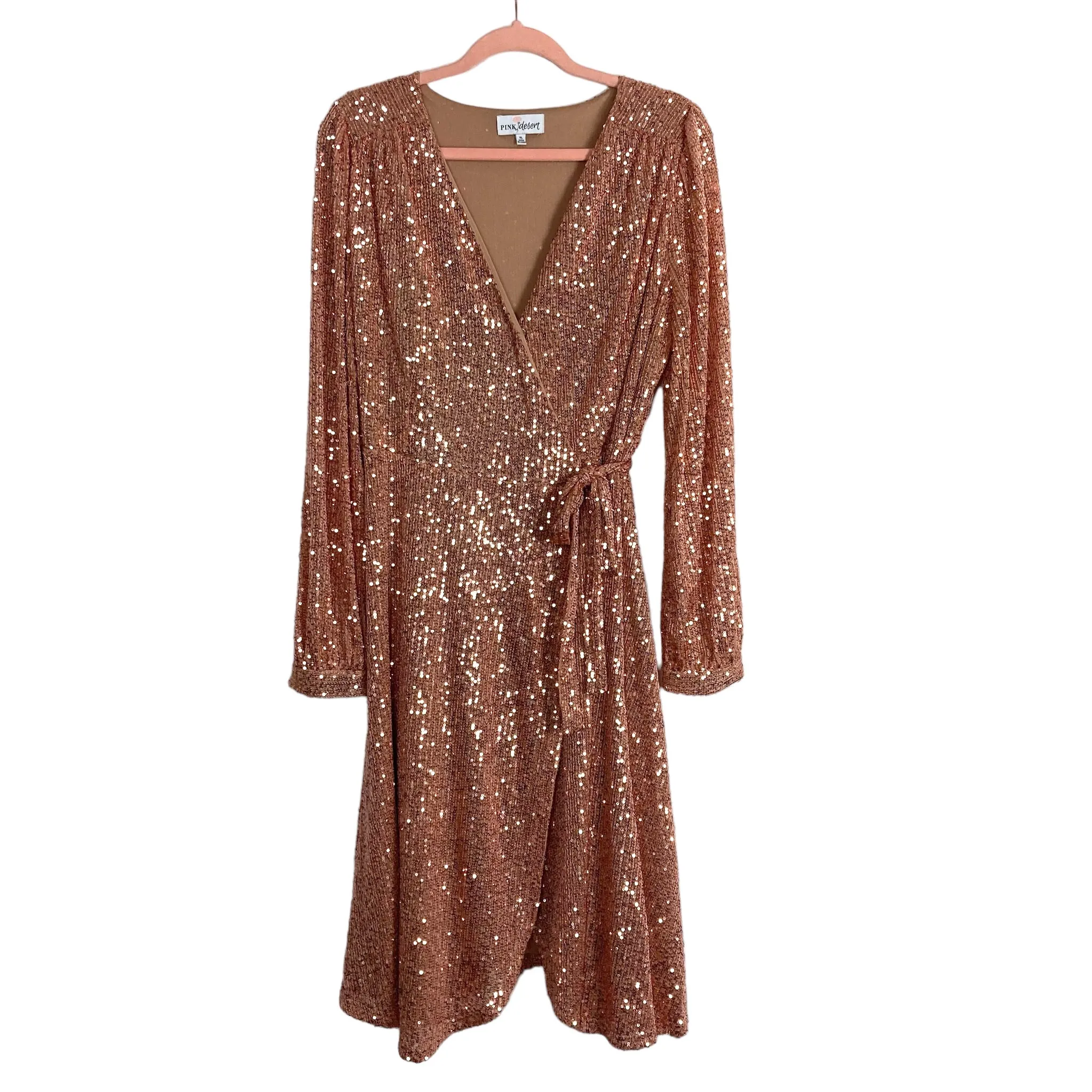 PINK DESERT ROSE GOLD SEQUIN WRAP DRESS- SIZE XL ( ONLINE)