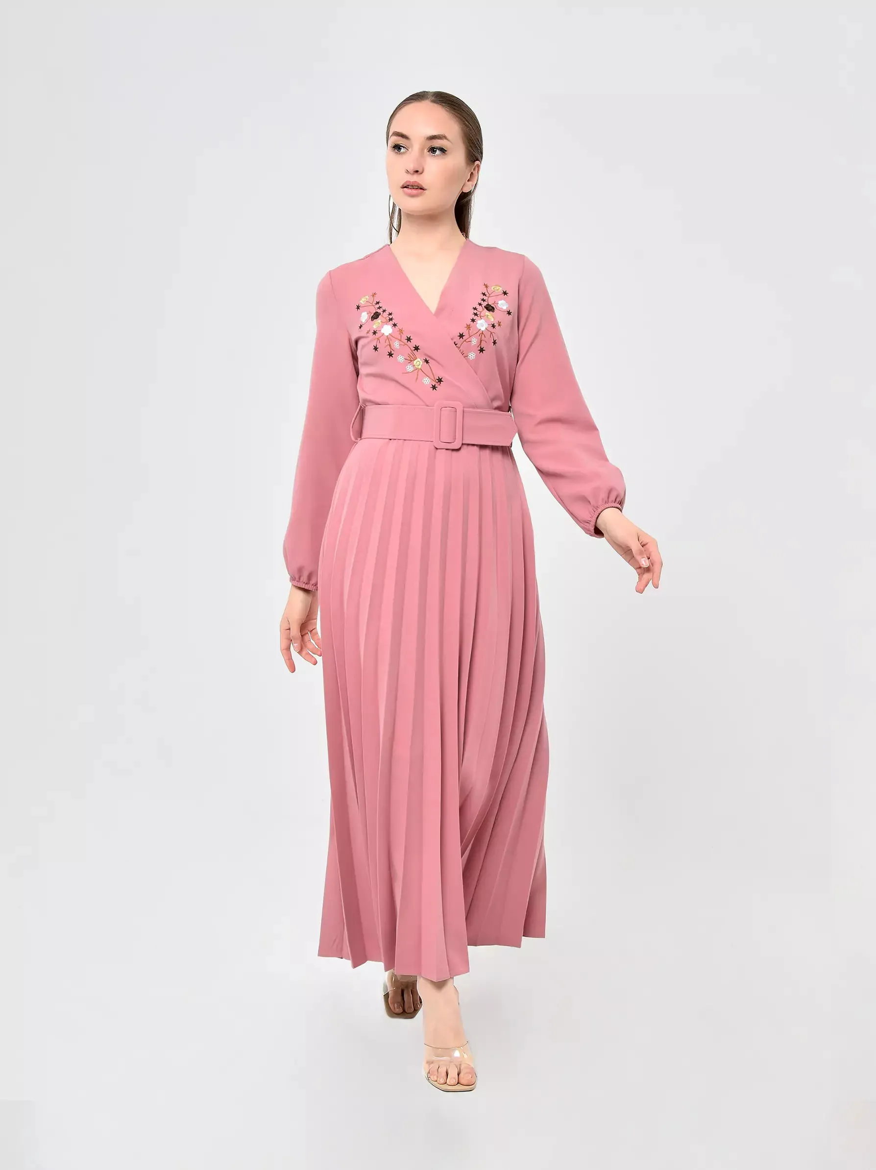 Pink Wrap Embroidery Detailed Maxi Dress