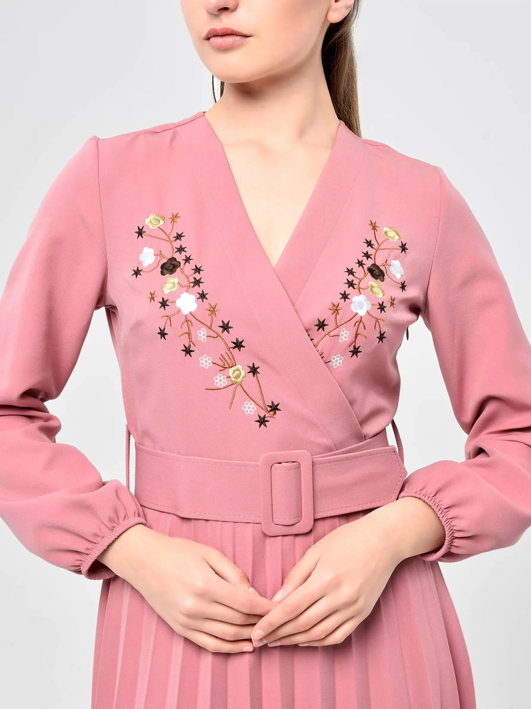 Pink Wrap Embroidery Detailed Maxi Dress