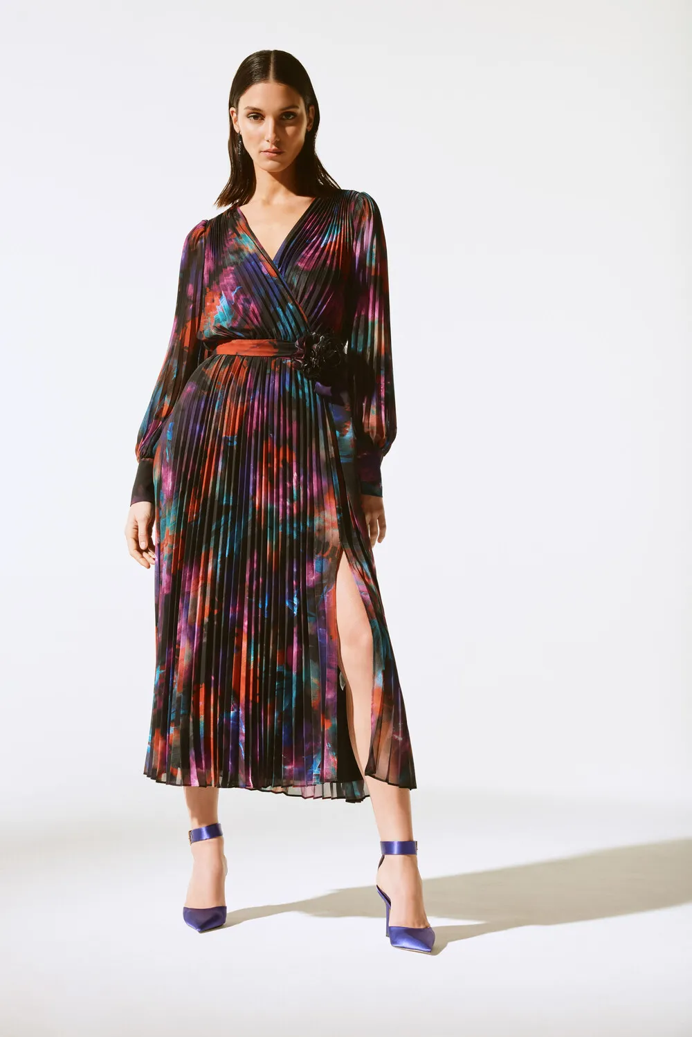 Pleated Wrap Midi Dress Style 243770x