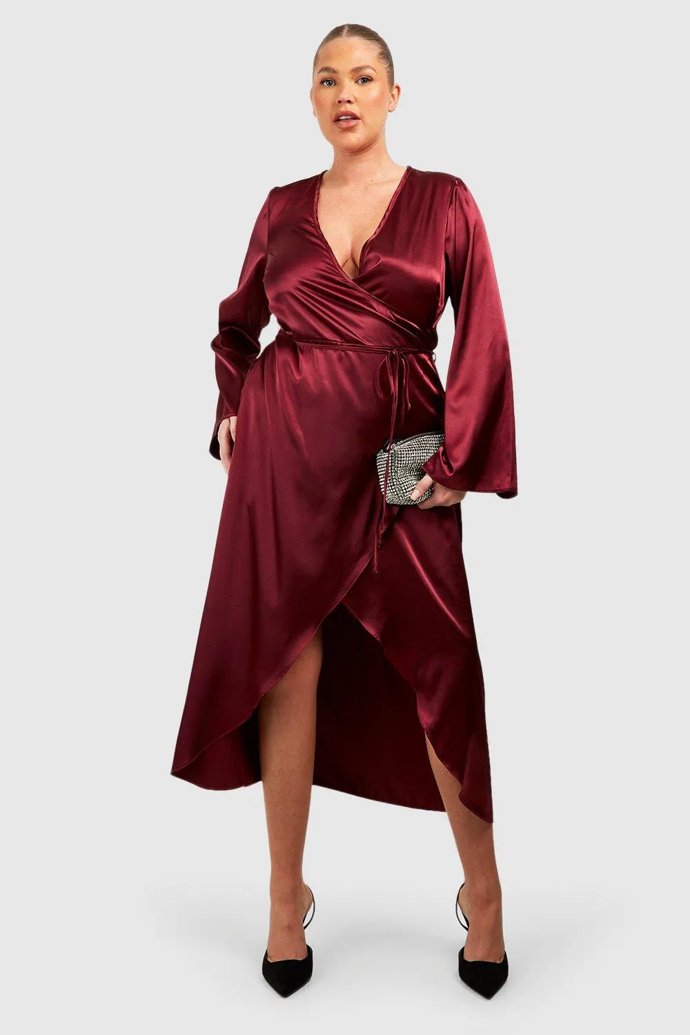 Plus Satin Flared Sleeve Wrap Midi Dress