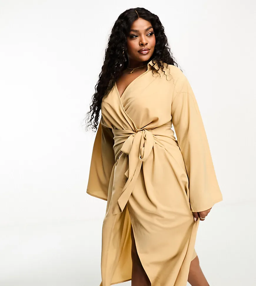 Pretty Lavish Curve wrap midi shirt dress in camel-White