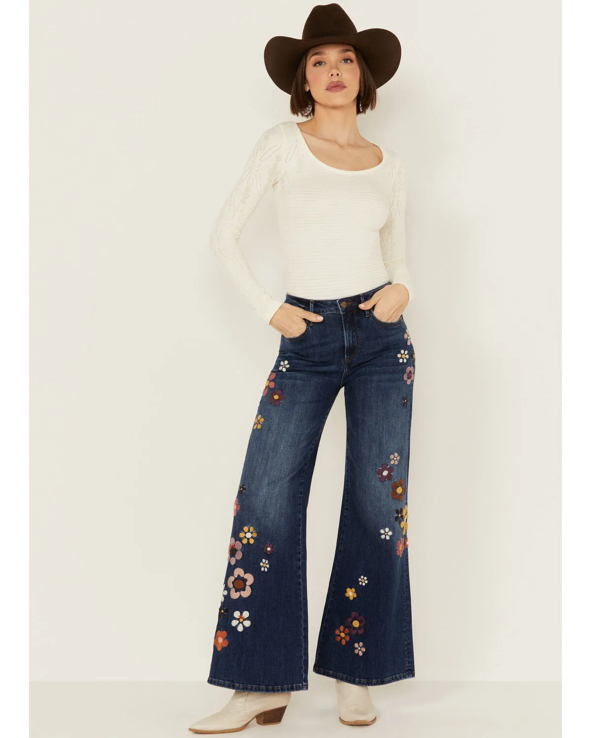 Product Name:  Driftwood Women's Mona X Boogie Nights Dark Wash High Rise Floral Embroidered Flare Stretch Denim Jeans