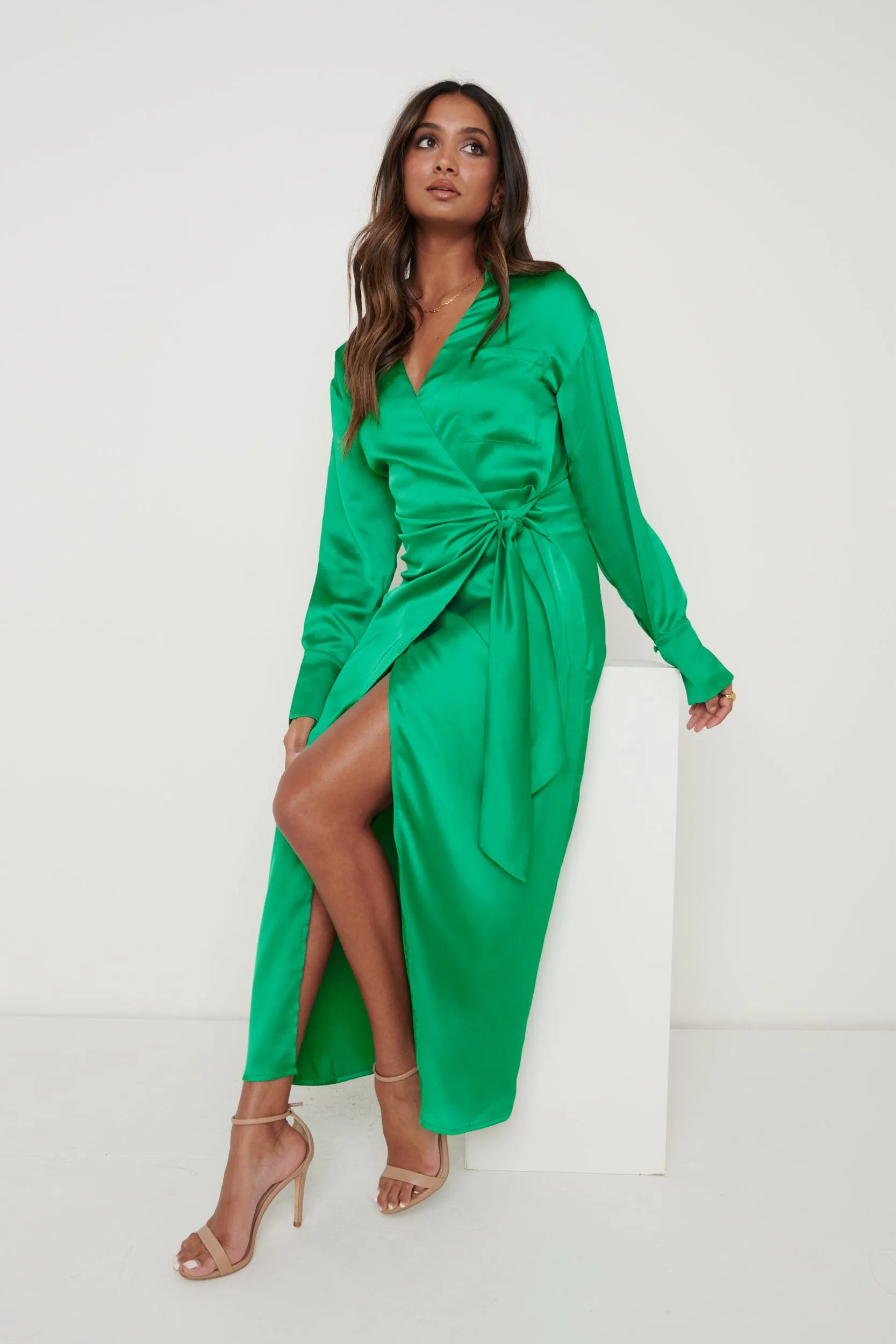 Ronnie Recycled Satin Wrap Dress - Emerald Green