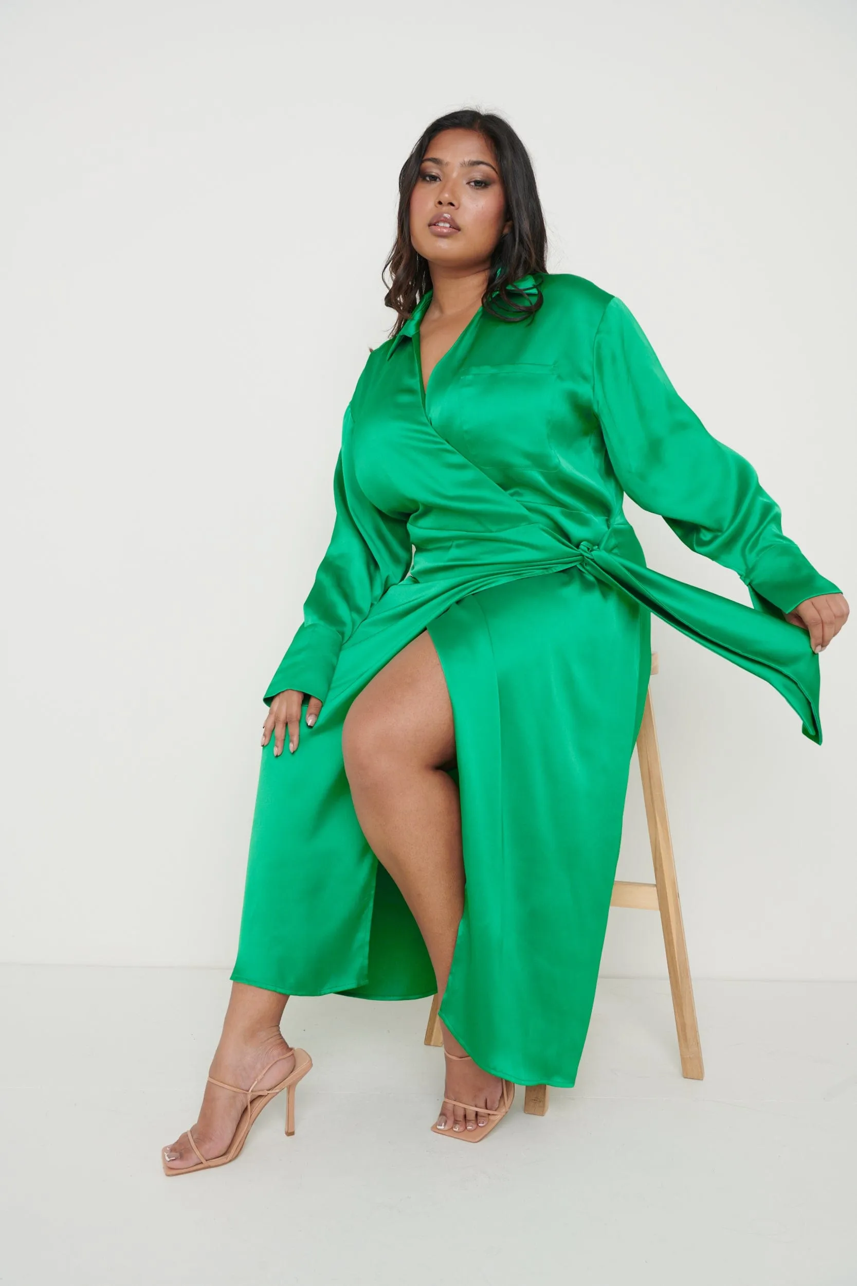 Ronnie Recycled Satin Wrap Dress - Emerald Green