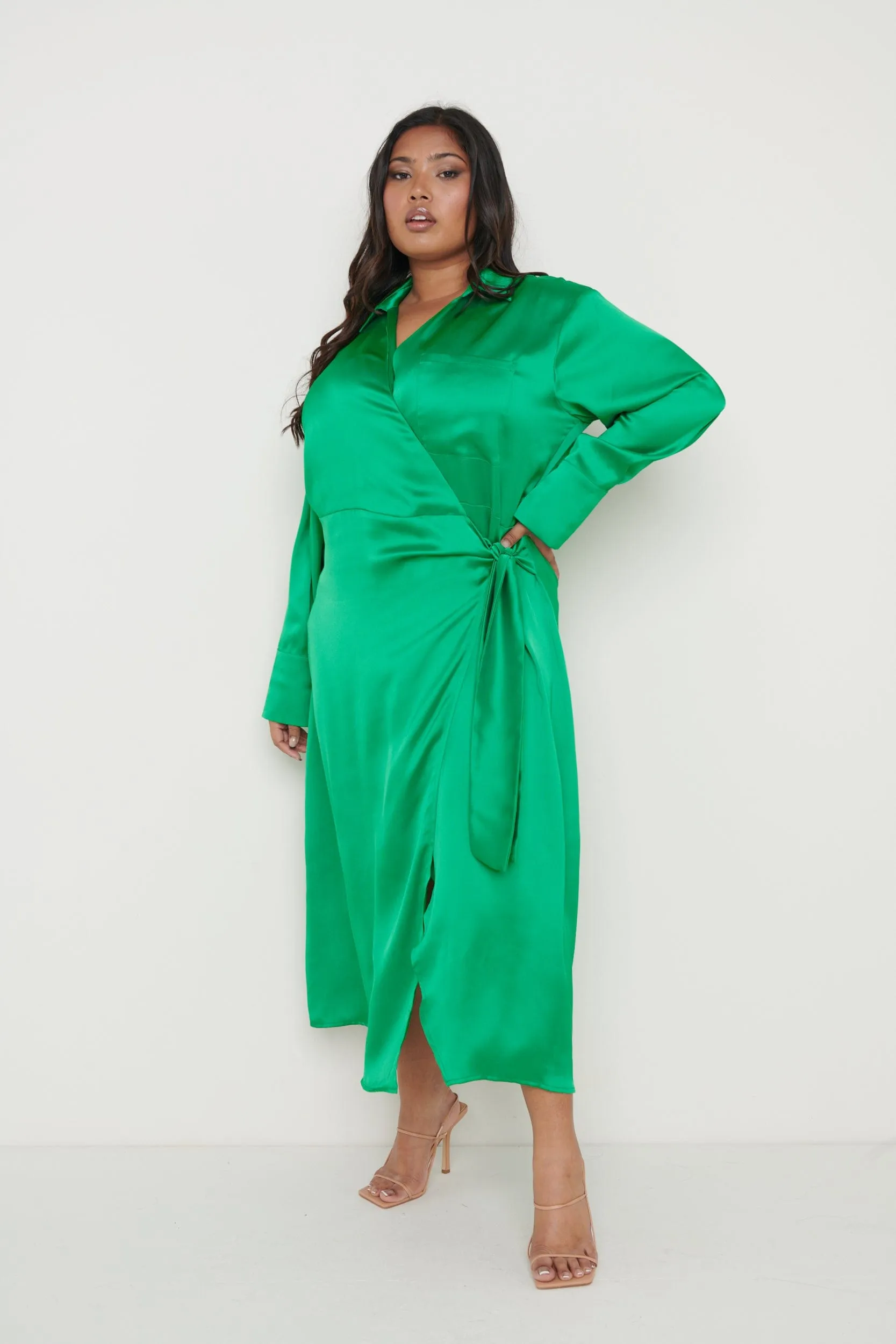 Ronnie Recycled Satin Wrap Dress - Emerald Green