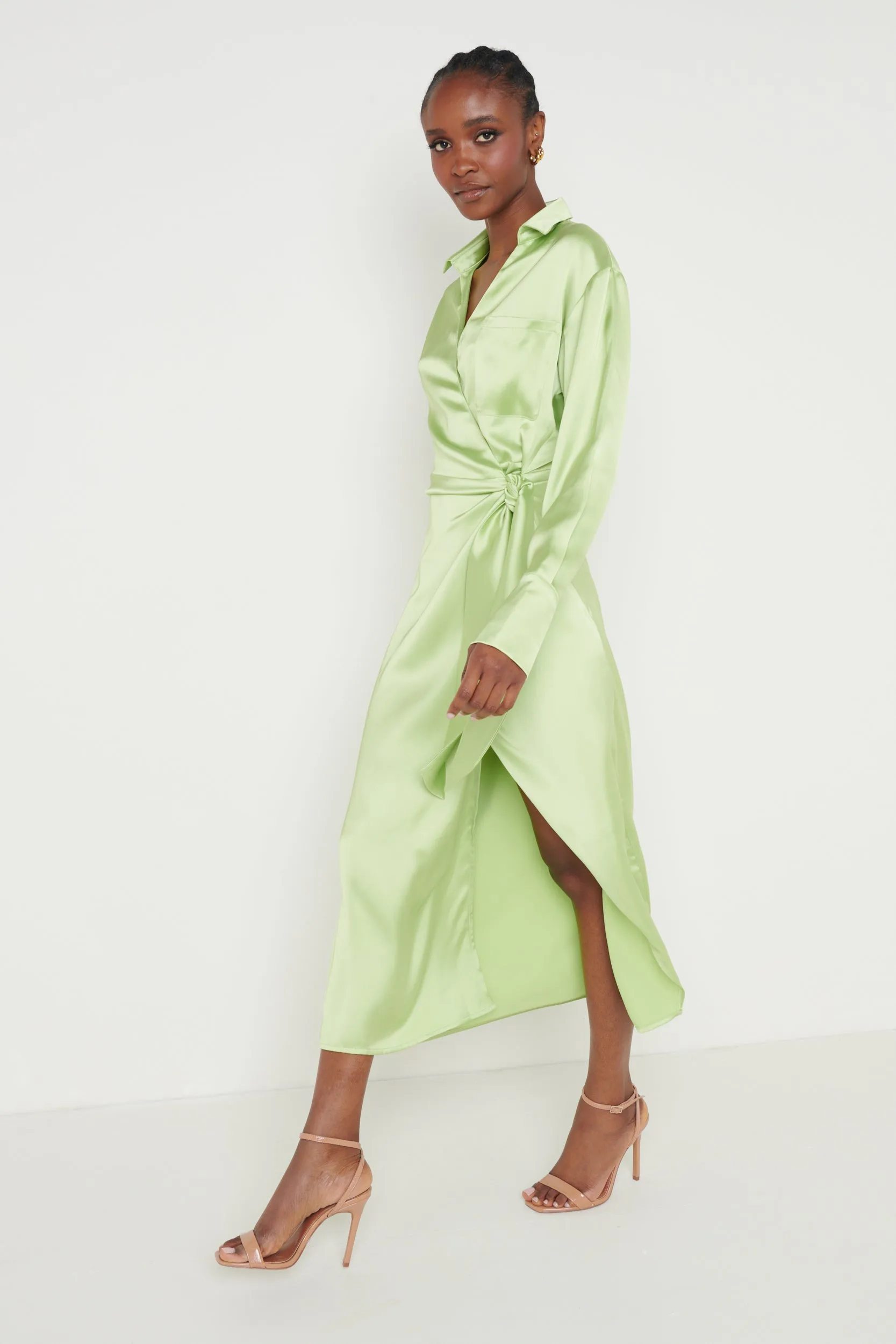 Ronnie Satin Wrap Dress - Apple Green