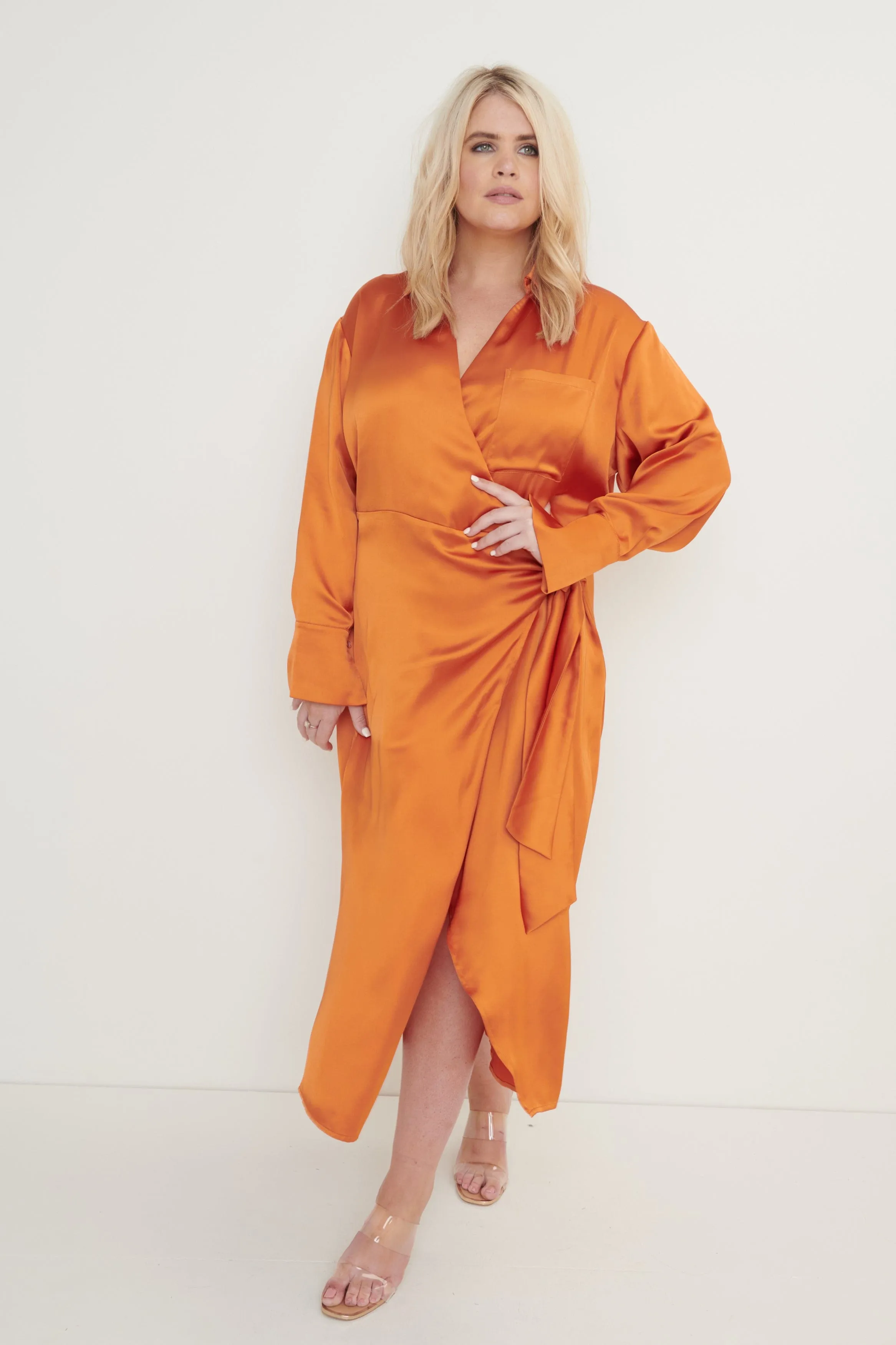 Ronnie Satin Wrap Dress - Orange