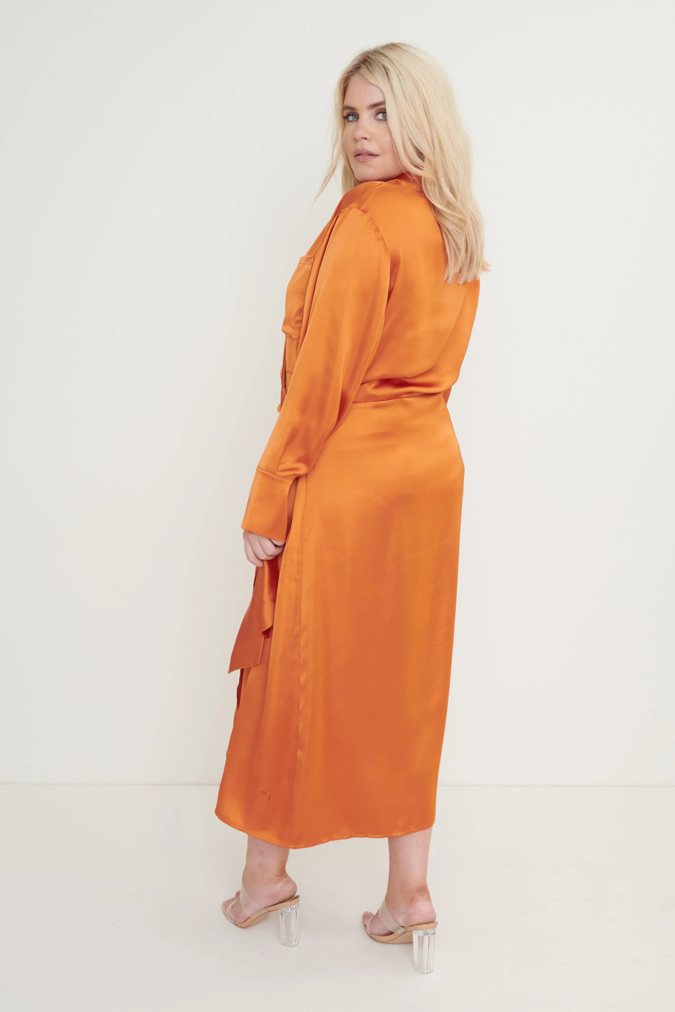 Ronnie Satin Wrap Dress - Orange