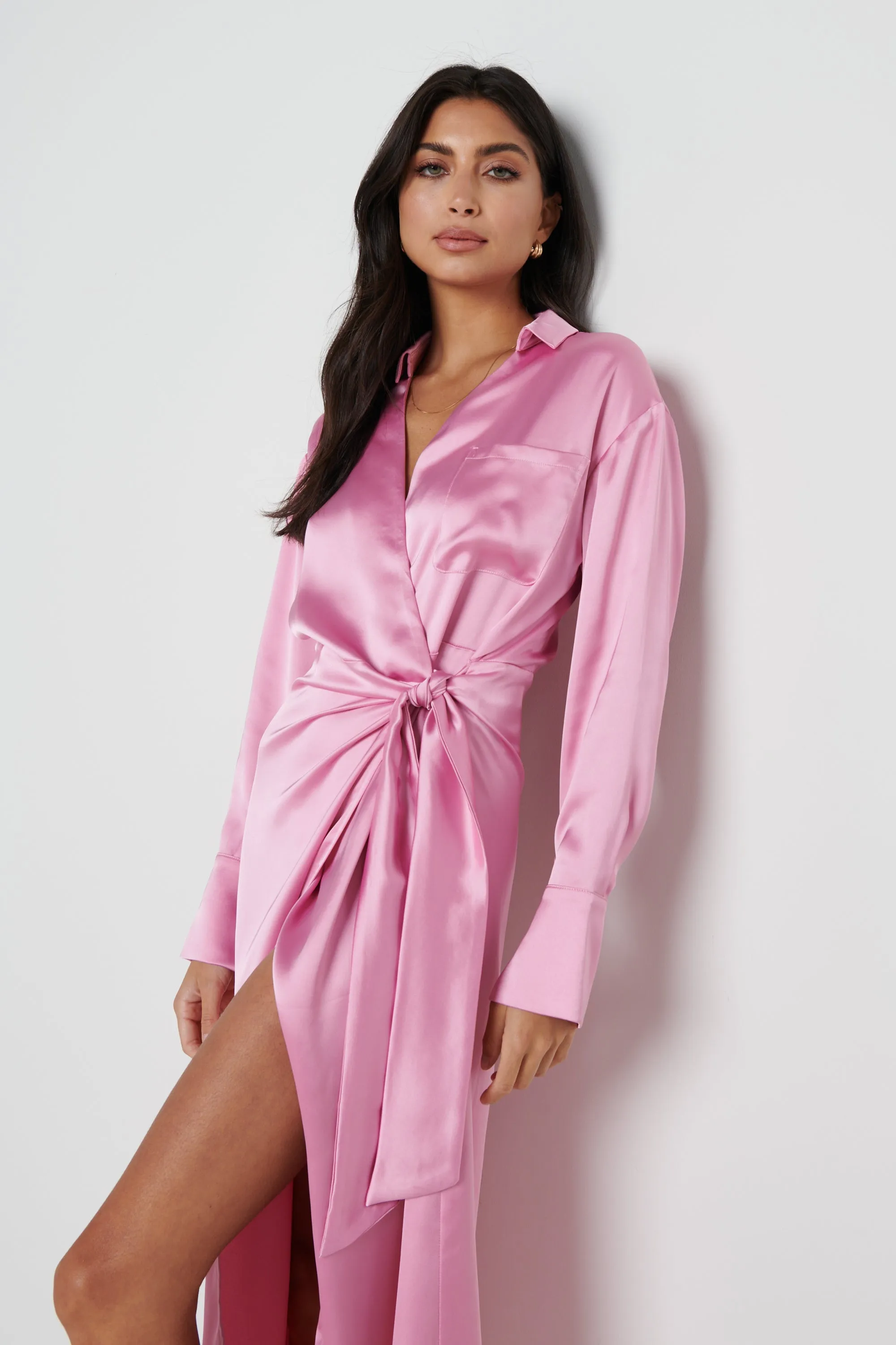 Ronnie Satin Wrap Dress - Pink