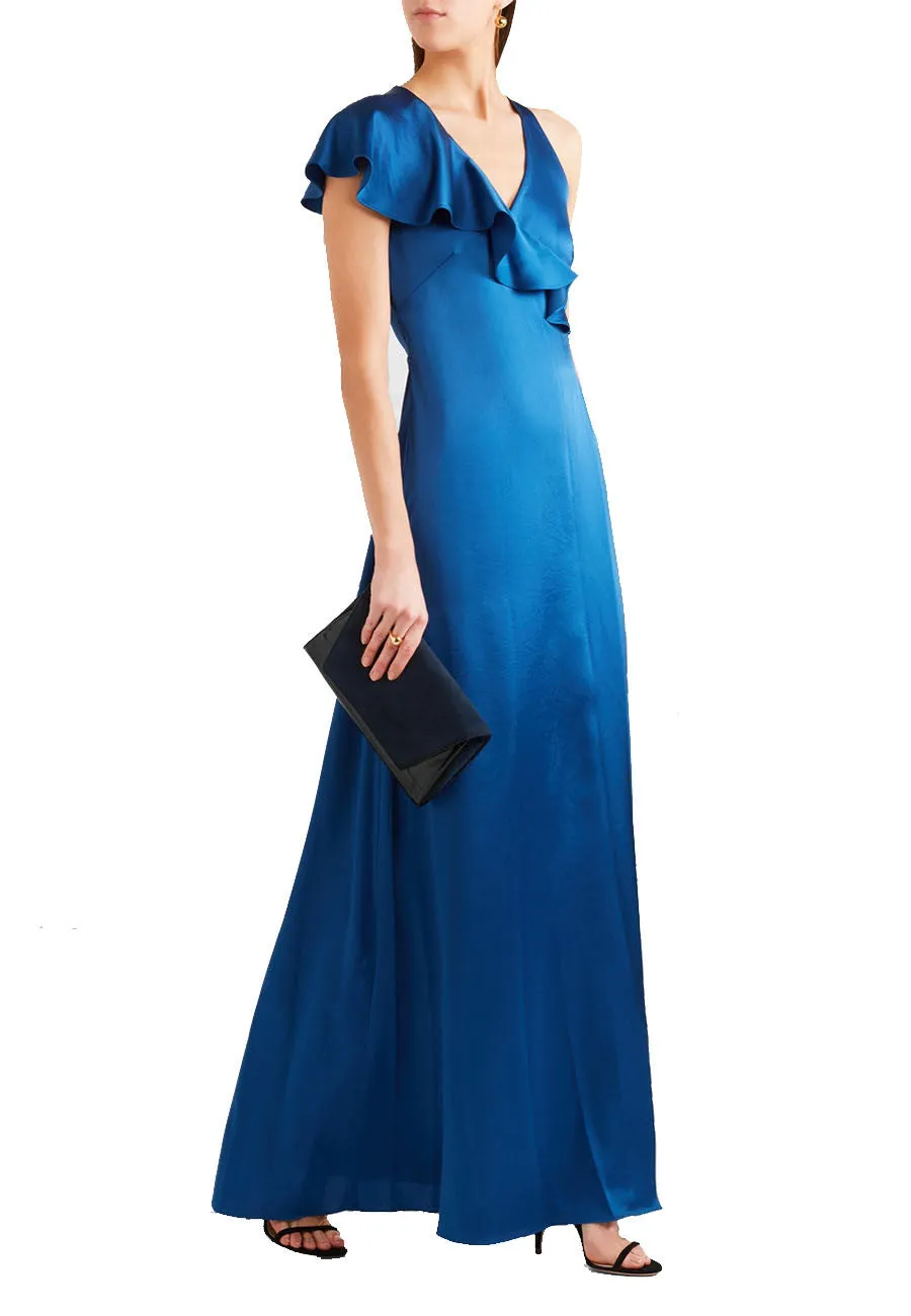 Royal Blue Ruffled Satin Wrap Maxi Dress