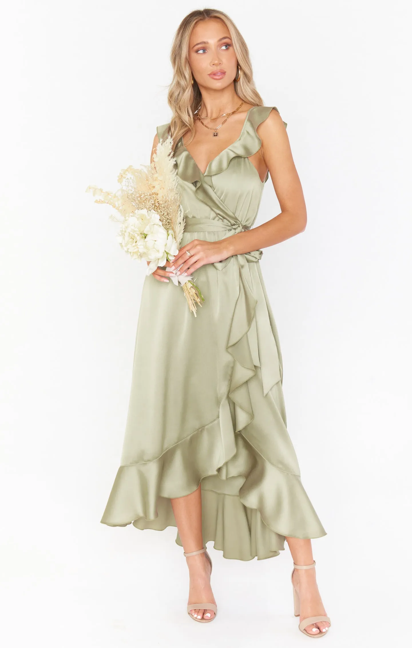 Samantha Ruffle Wrap Dress ~ Moss Green Luxe Satin