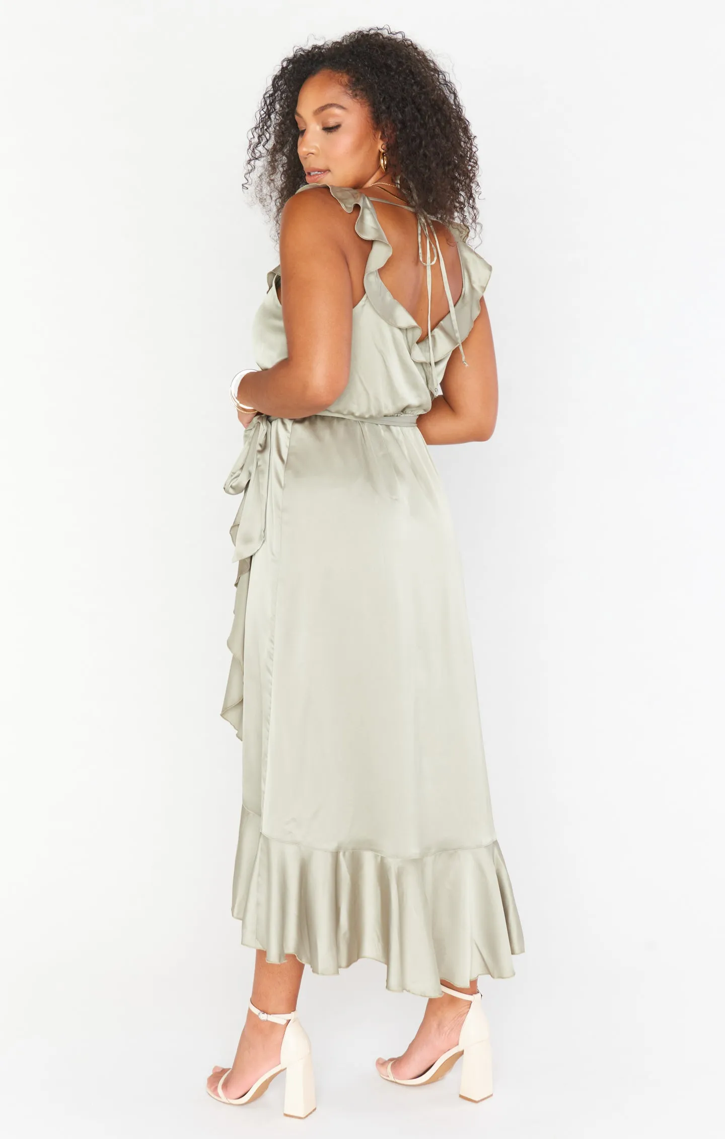 Samantha Ruffle Wrap Dress ~ Moss Green Luxe Satin