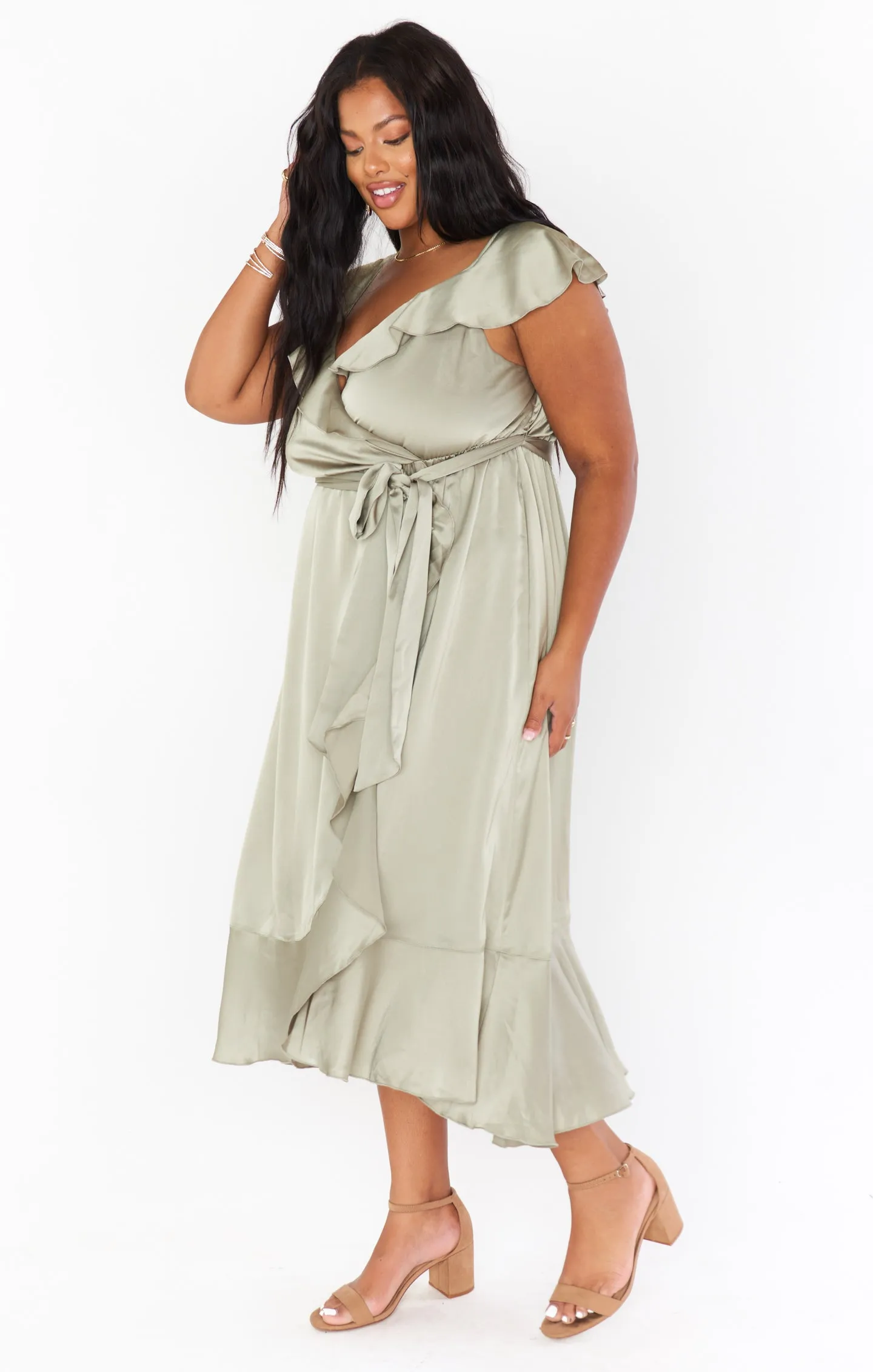 Samantha Ruffle Wrap Dress ~ Moss Green Luxe Satin