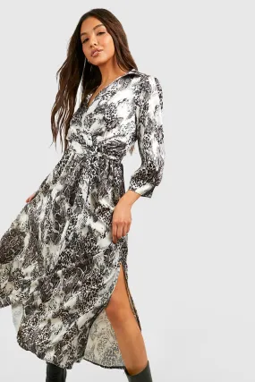 Satin Mixed Print Wrap Front Shirt Dress