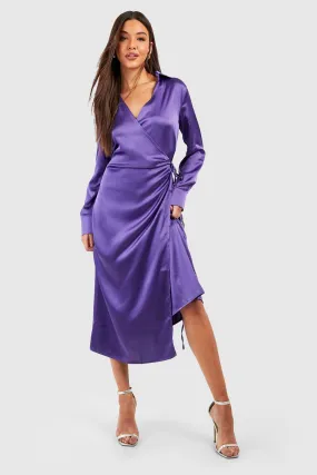 Satin Wrap Shirt Midi Dress