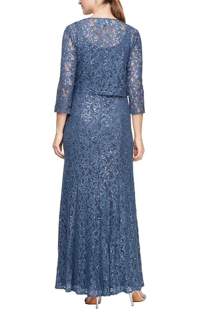 Sequin Lace Long A-Line Dress with 3/4 Sleeve Illusion Jacket