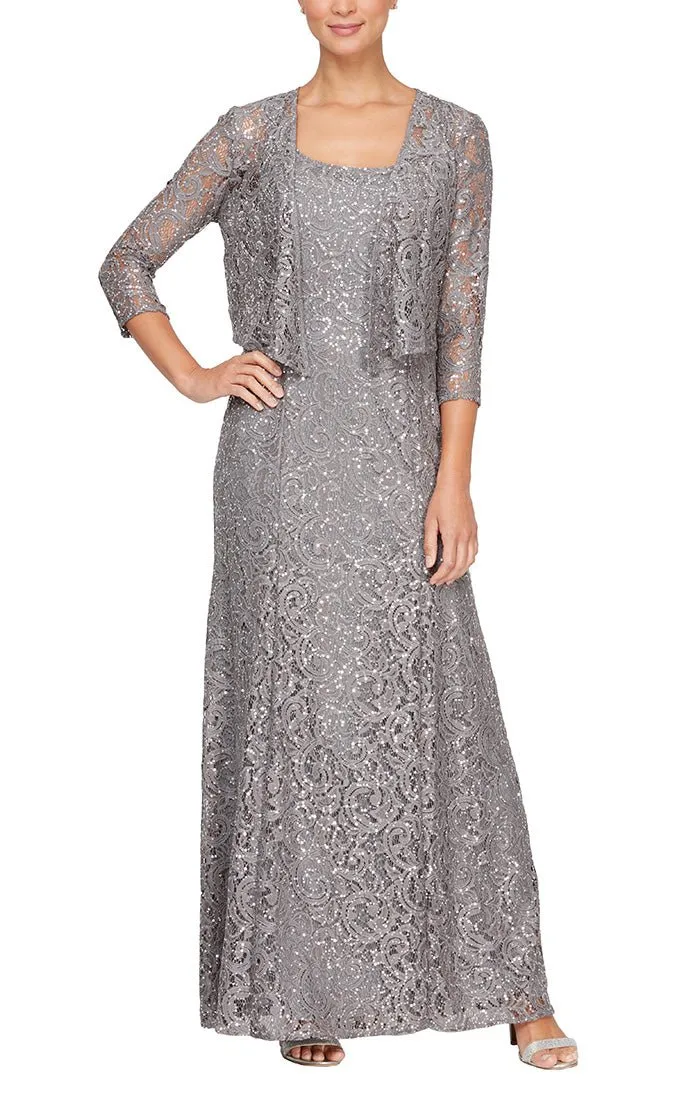 Sequin Lace Long A-Line Dress with 3/4 Sleeve Illusion Jacket