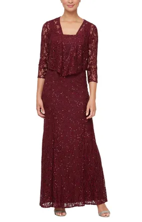 Sequin Lace Long A-Line Dress with 3/4 Sleeve Illusion Jacket