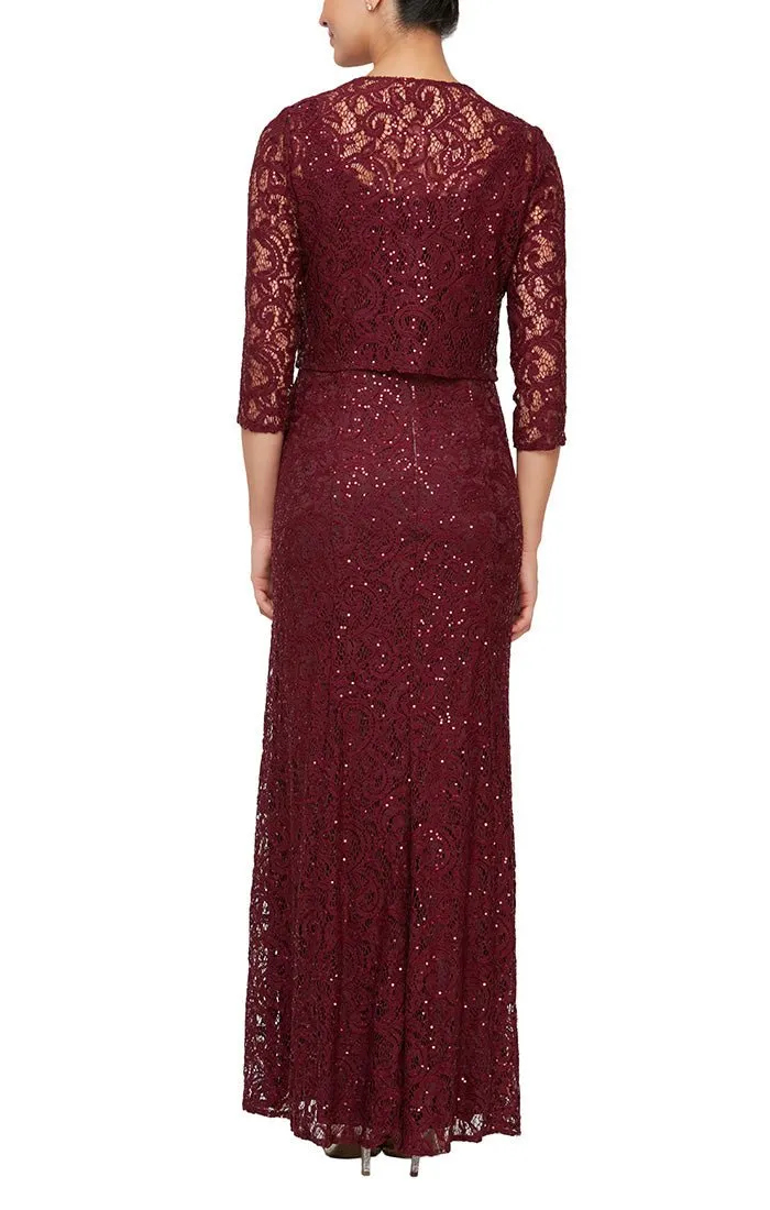 Sequin Lace Long A-Line Dress with 3/4 Sleeve Illusion Jacket