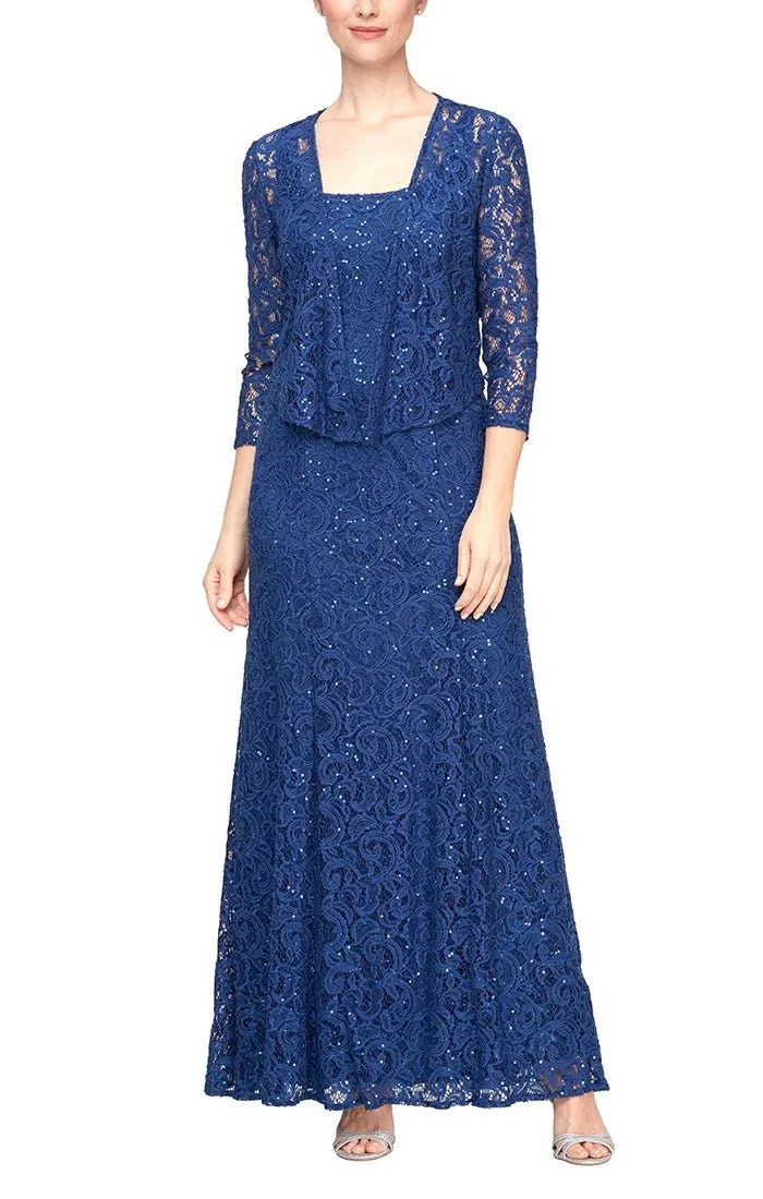 Sequin Lace Long A-Line Dress with 3/4 Sleeve Illusion Jacket