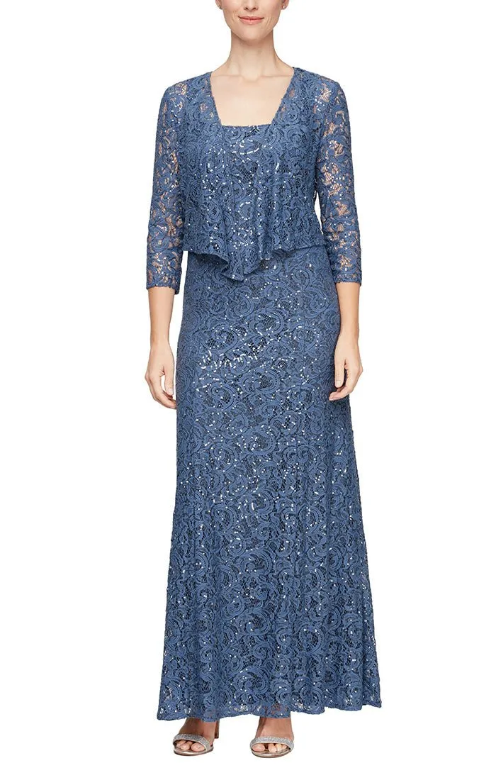 Sequin Lace Long A-Line Dress with 3/4 Sleeve Illusion Jacket