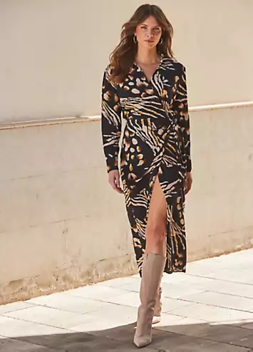 Sosandar Black Abstract Animal Print Wrap Midi Dress